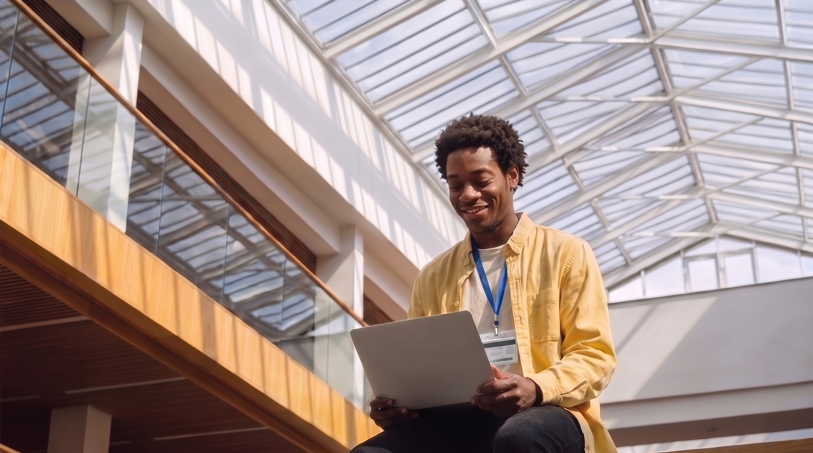 A student working on a laptop in an academic library