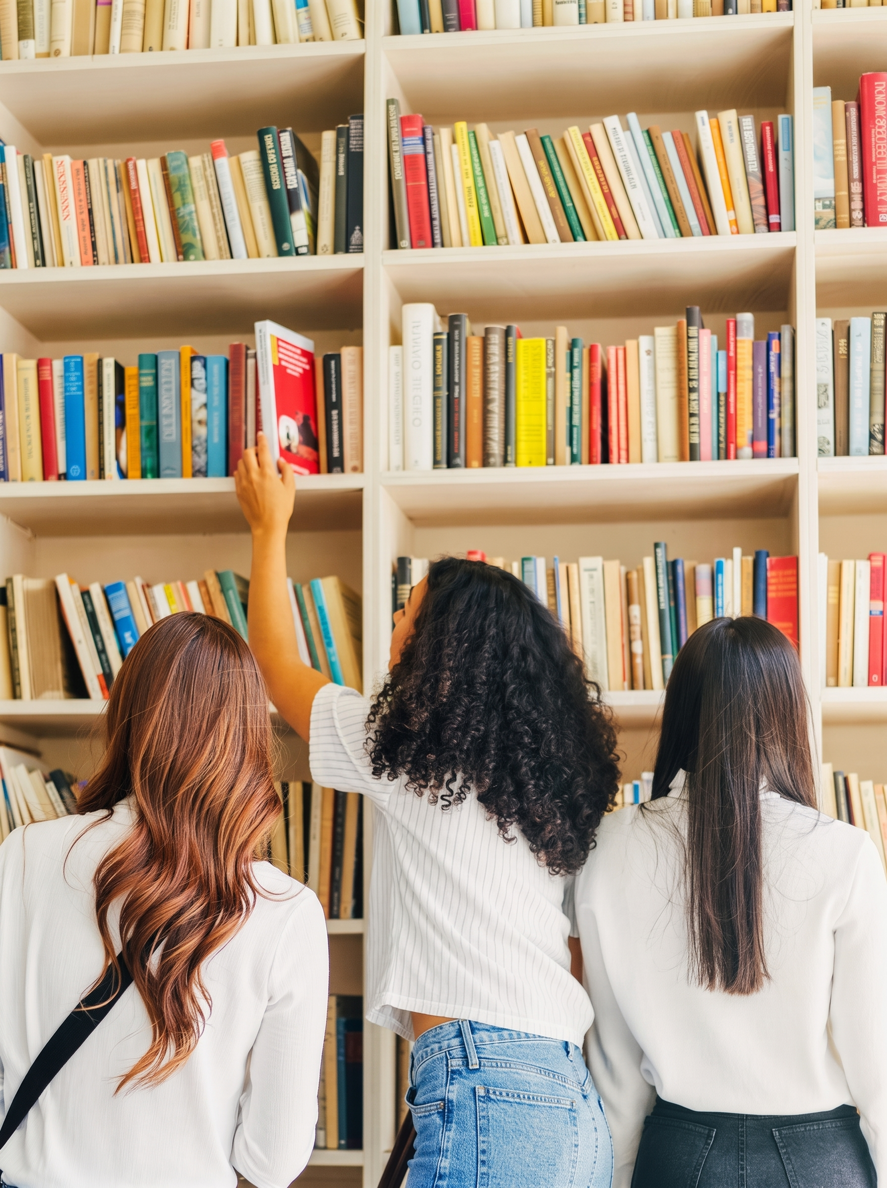 Three students looking through bright library shelves with different coloured books.