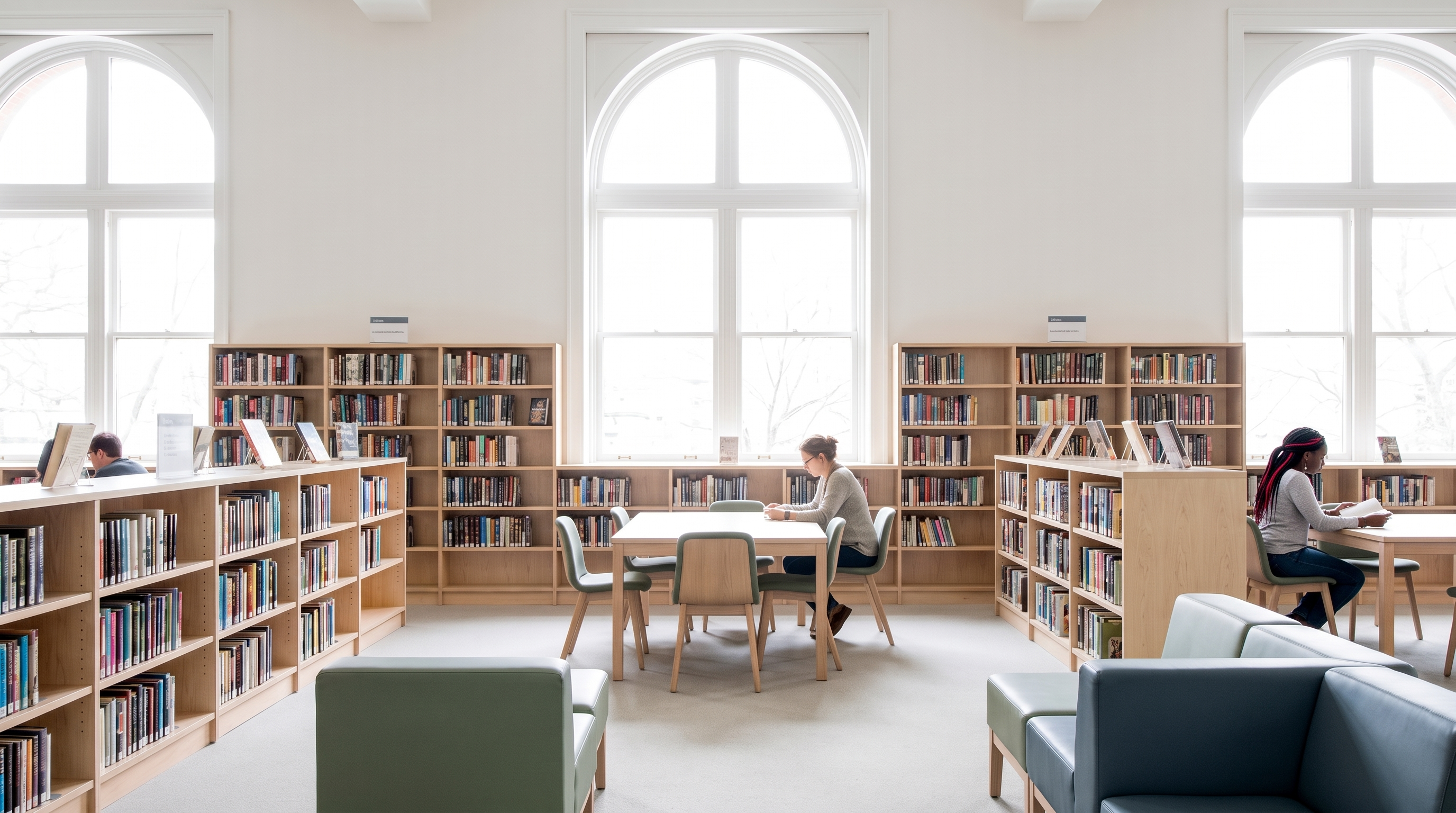 A library showing patrons reading books at various tables.