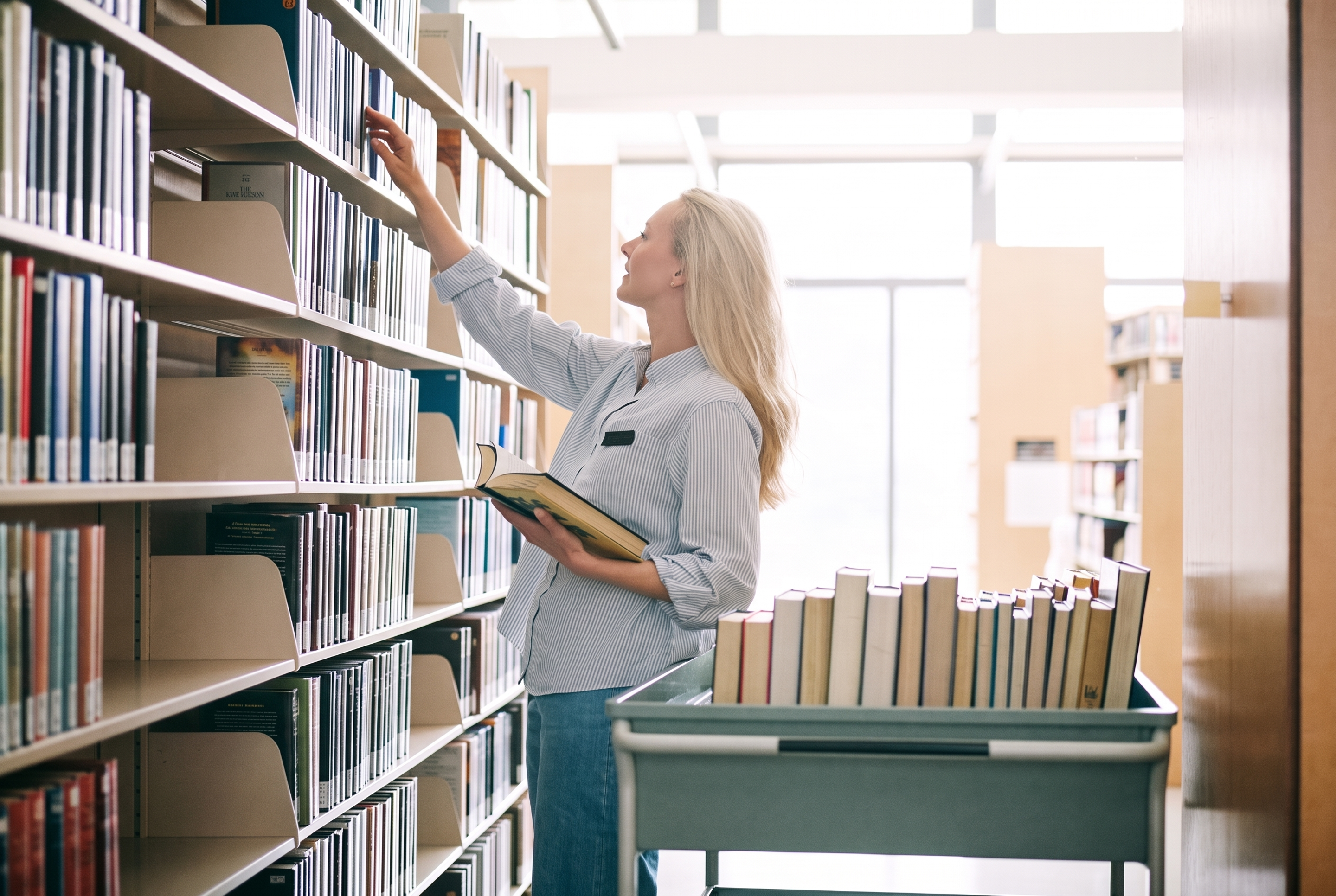 Librarian auditing full shelves.