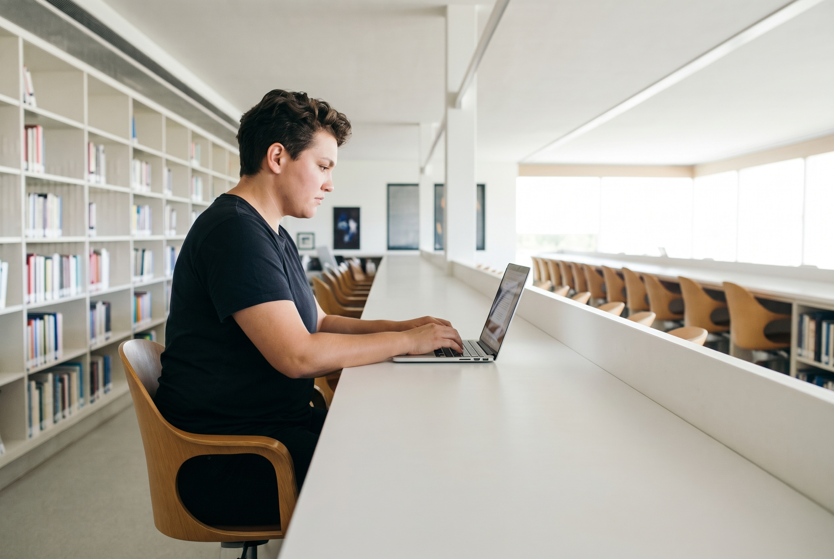 A staff member in a t-shirt working at a computer in the library.