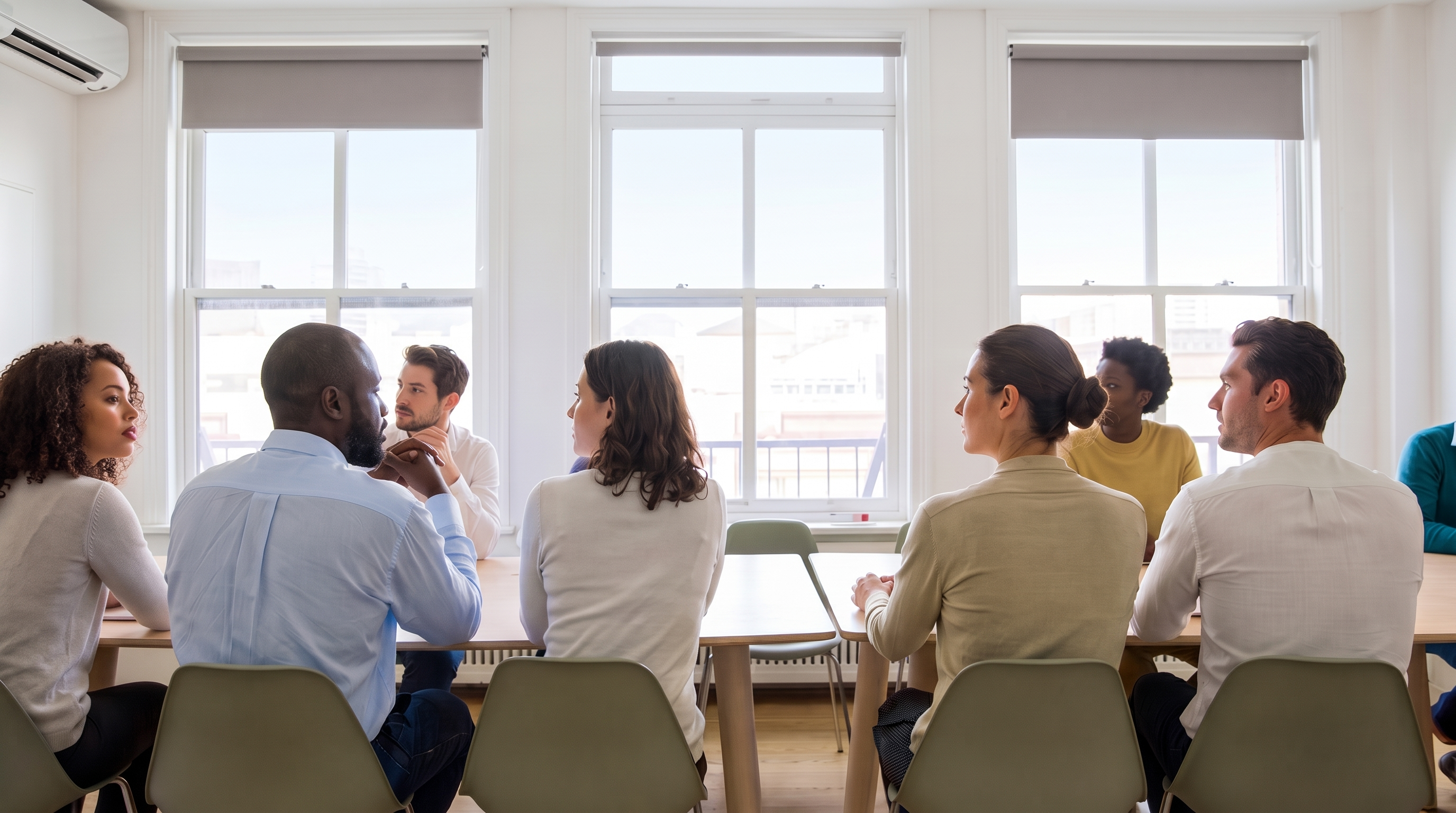 Library staff seated around a table in a meeting room, turned toward a colleague presenting from off-frame.