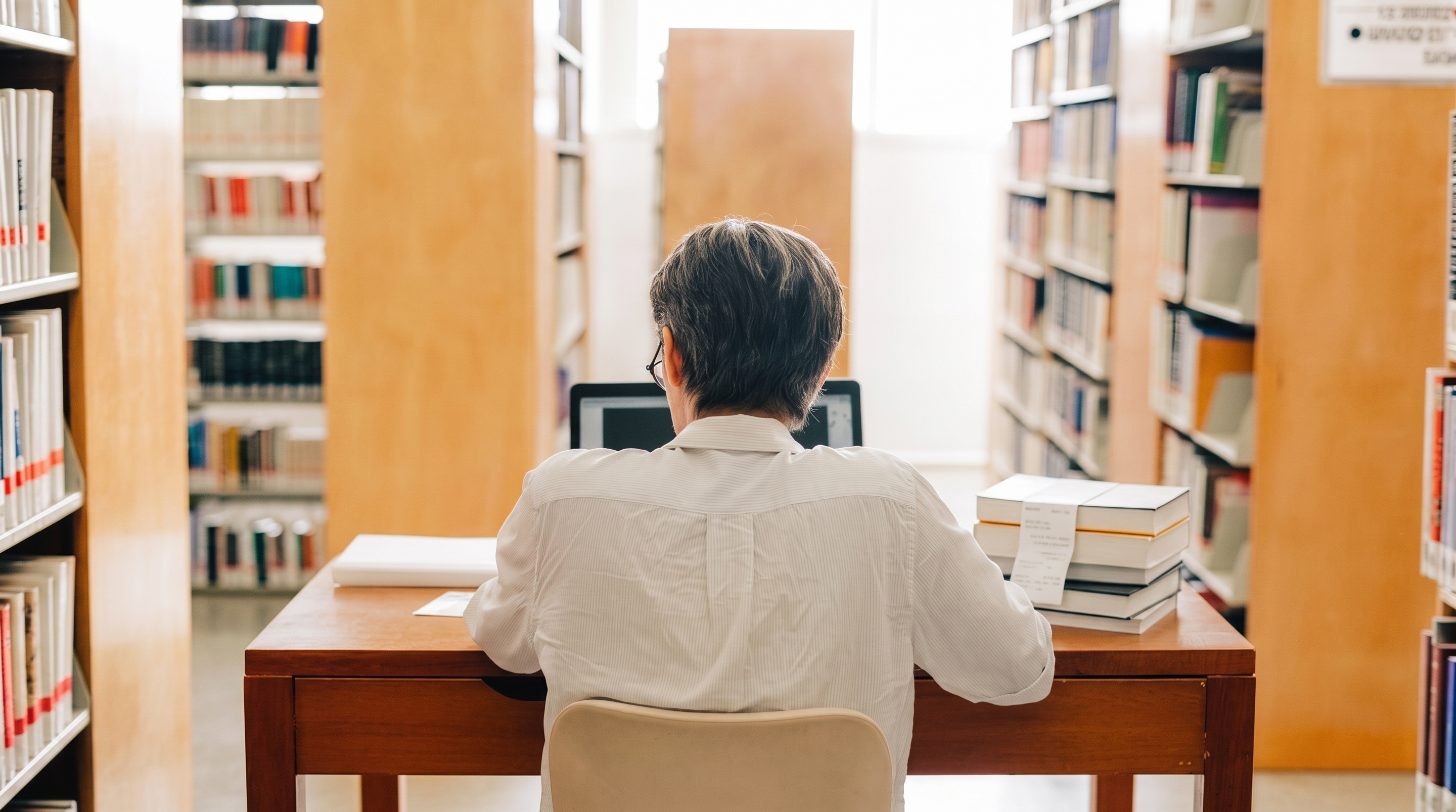 A librarian checks a shelf of academic titles against a list, mid-audit.