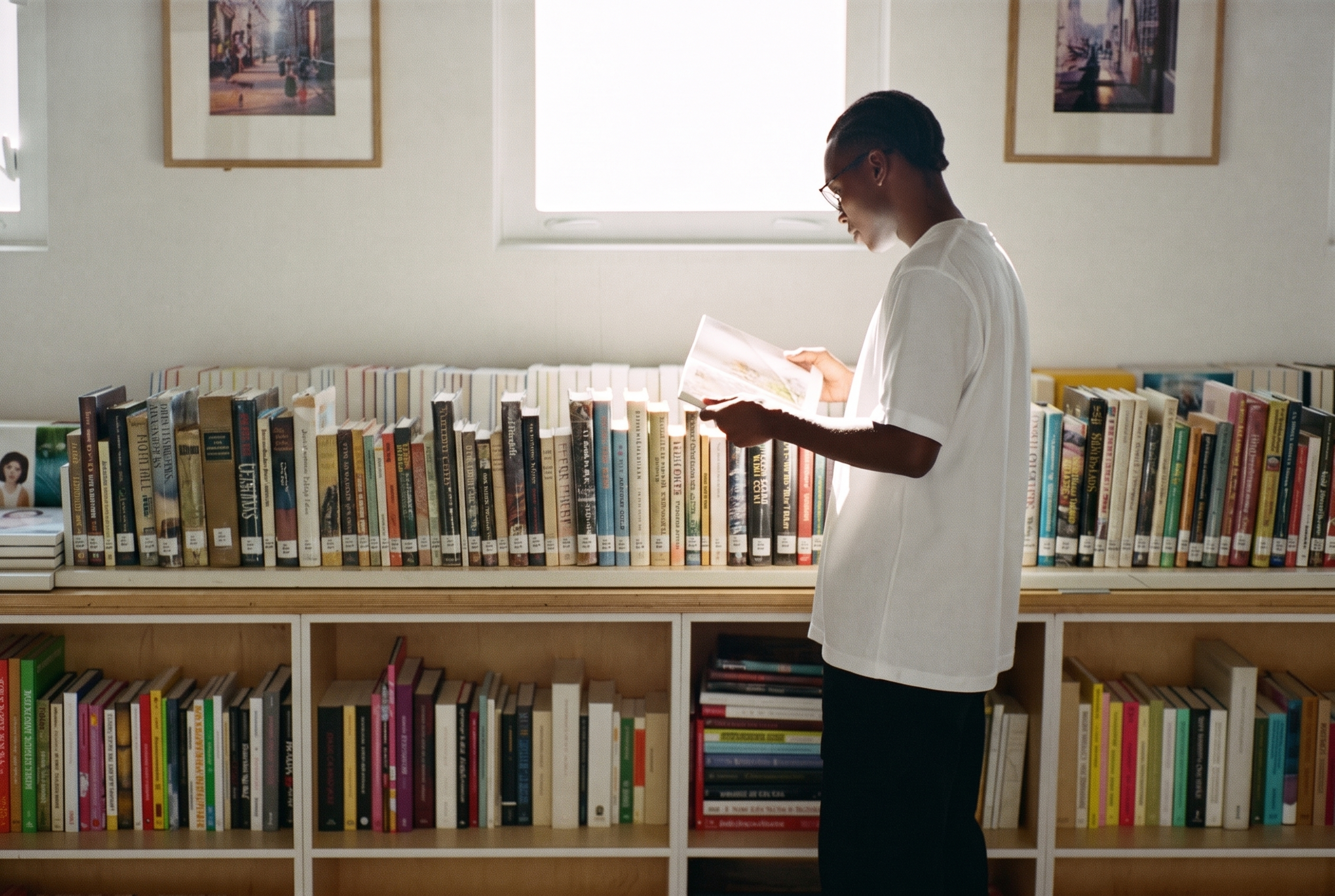 A shelf of library stock at close range, spines of varying heights and colours with shelf labels at their feet.
