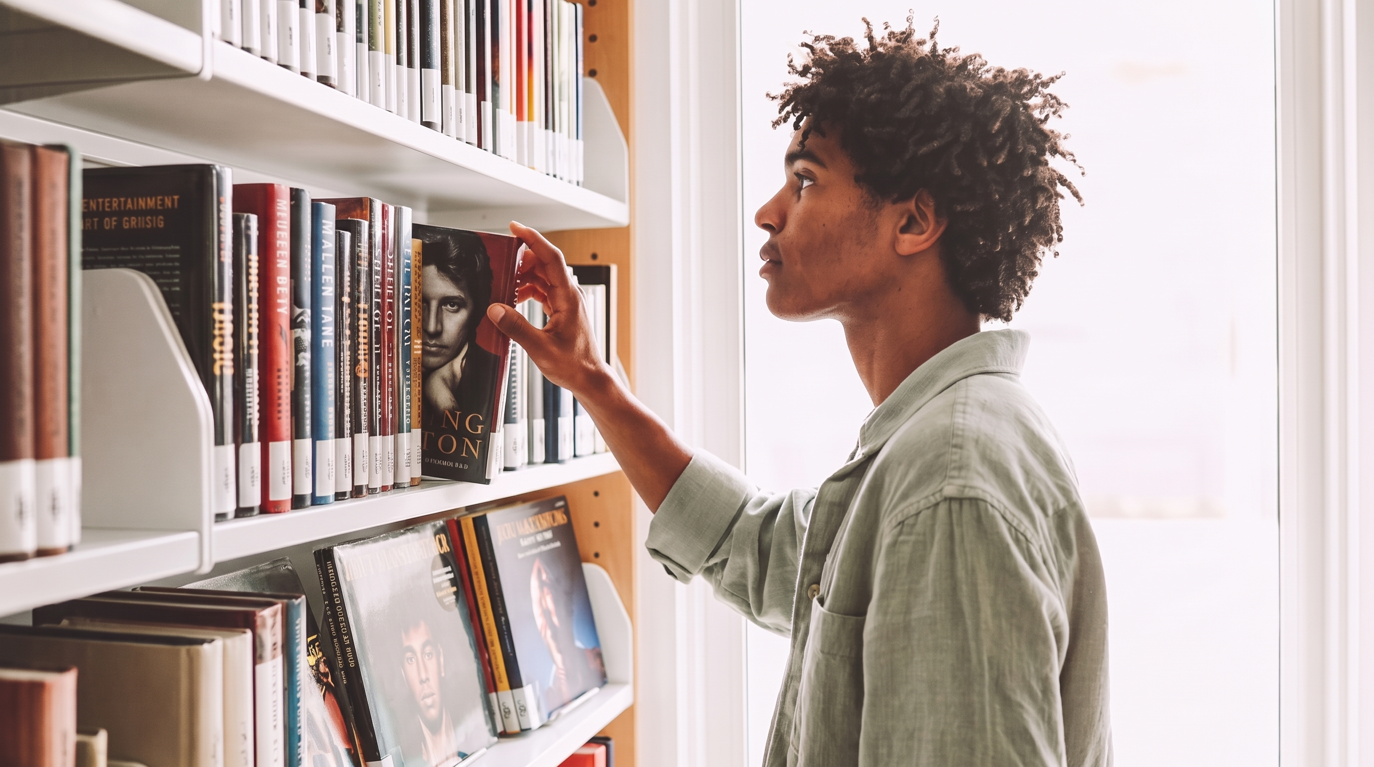 A music and entertainment section, autobiography jackets carrying portrait photography.
