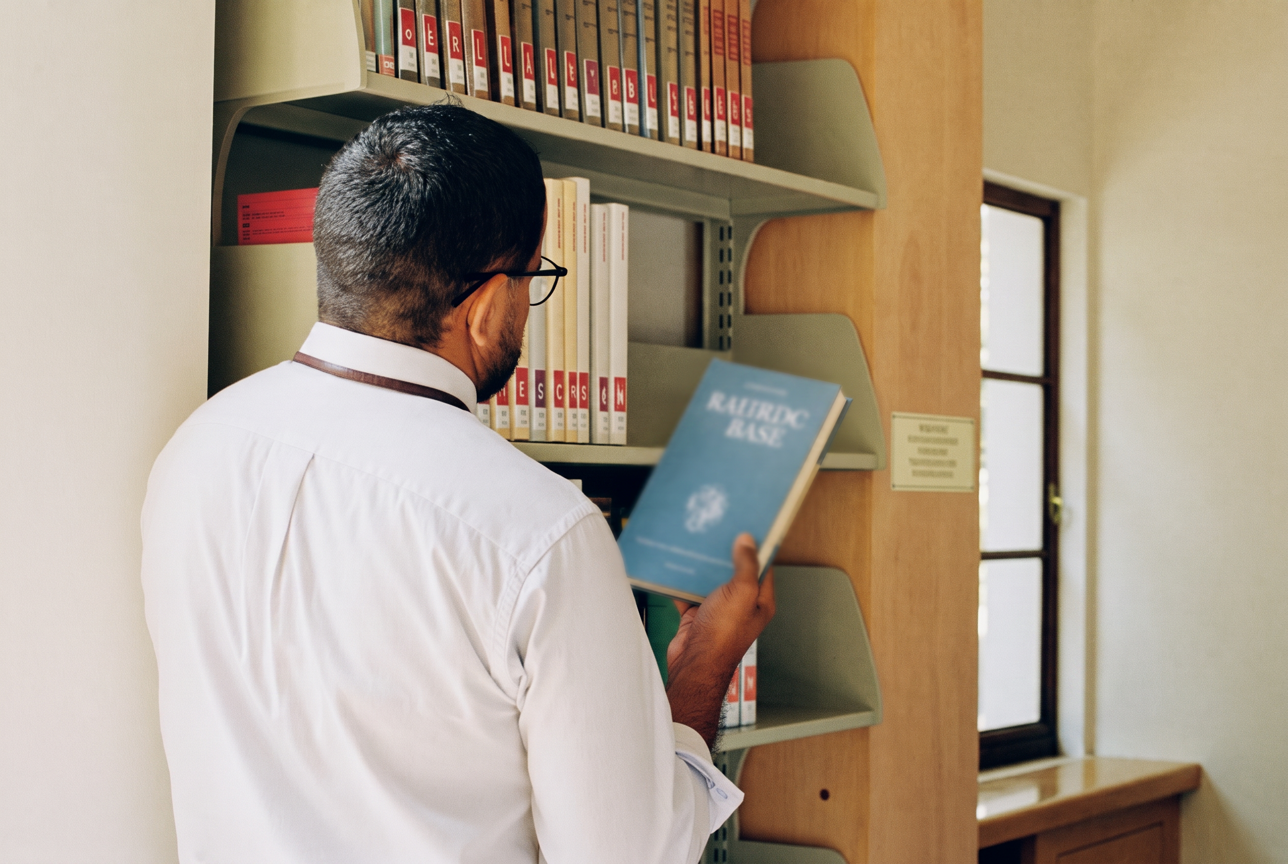 A librarian holding a book at the shelf.