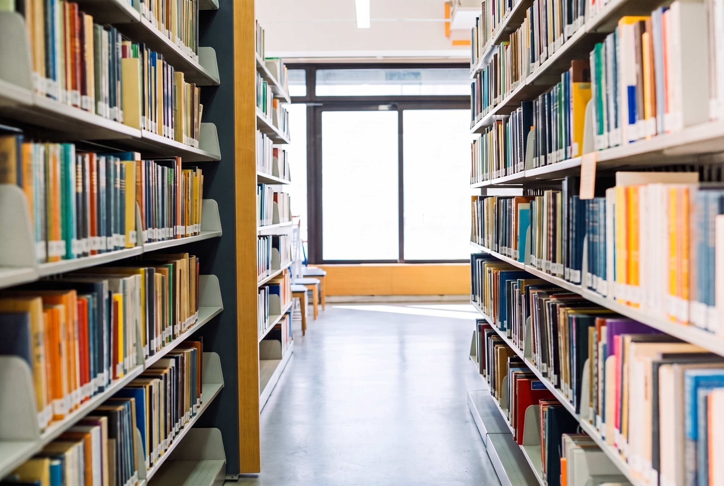 An empty library aisle, shelving stocked on both sides and the floor clear.