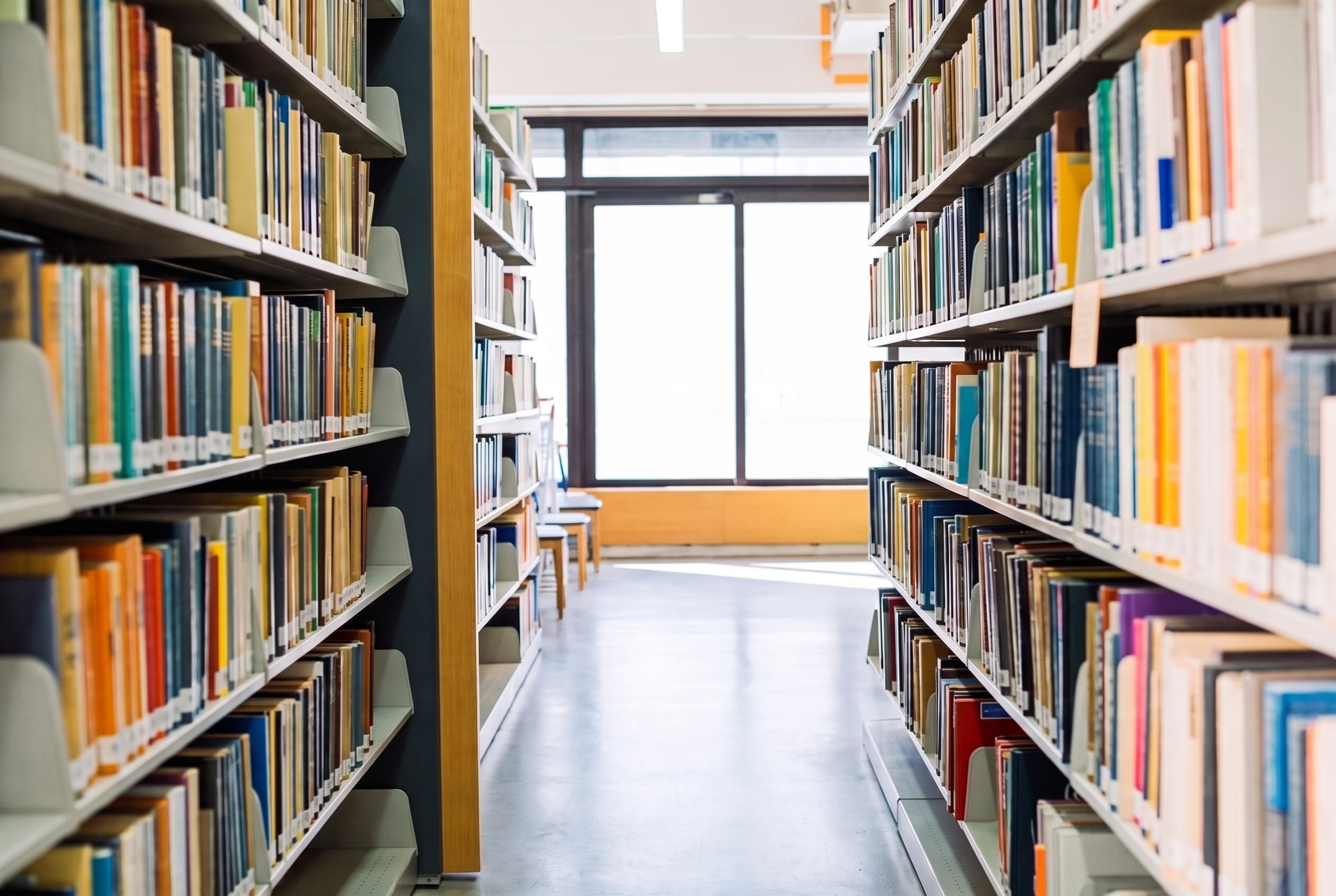 An empty library aisle, shelving stocked on both sides and the floor clear.