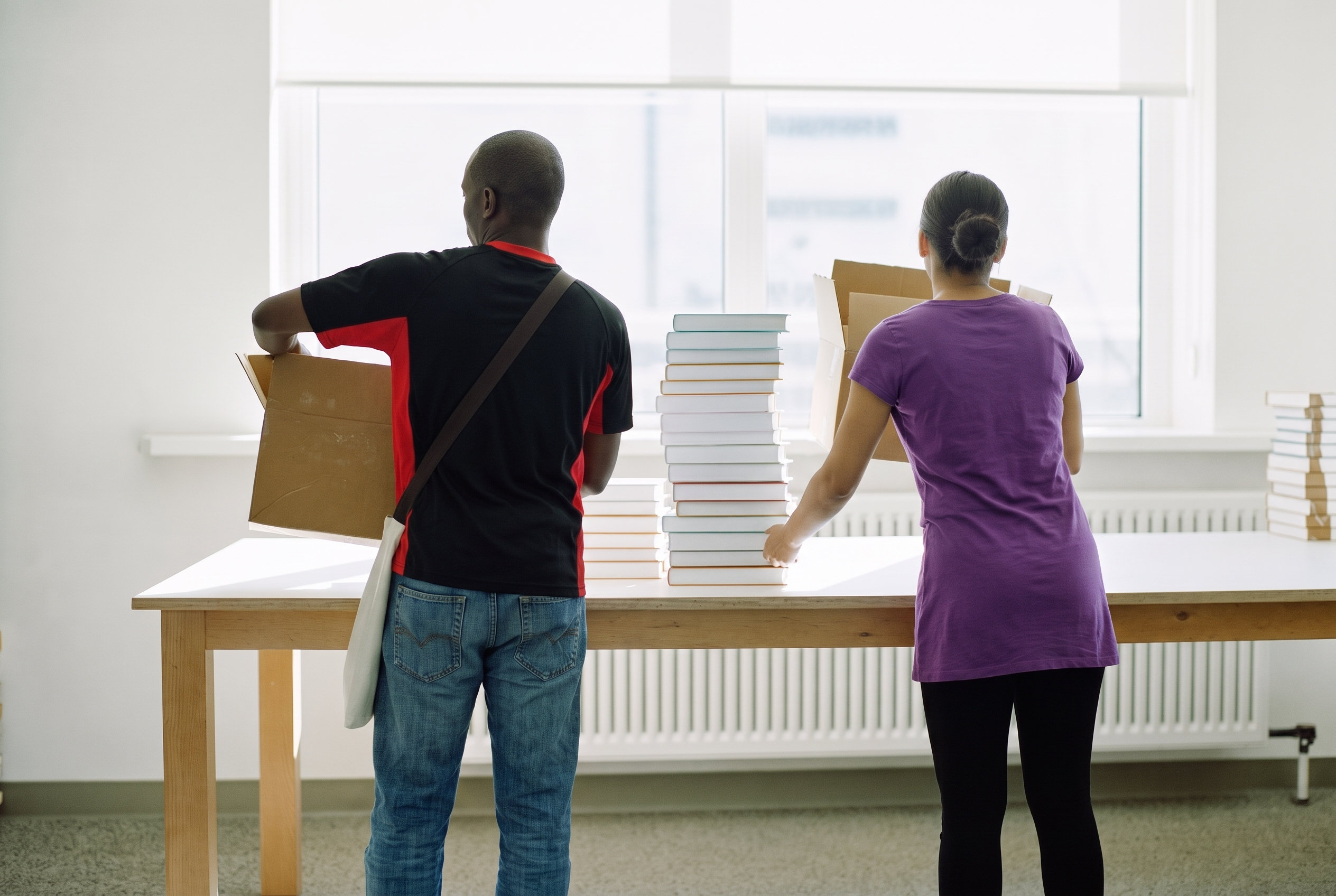A man and a woman packaging books.