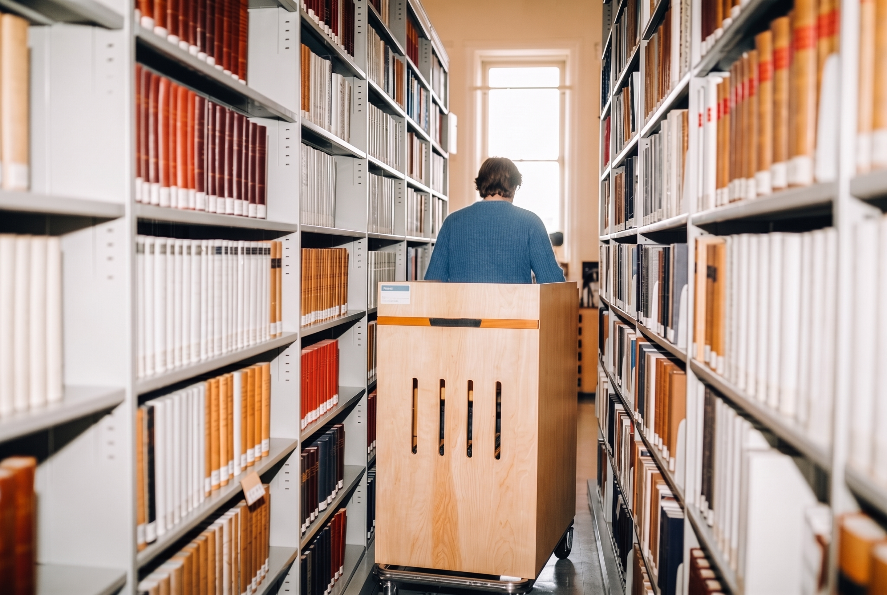 A public library interior with staff among the shelves.