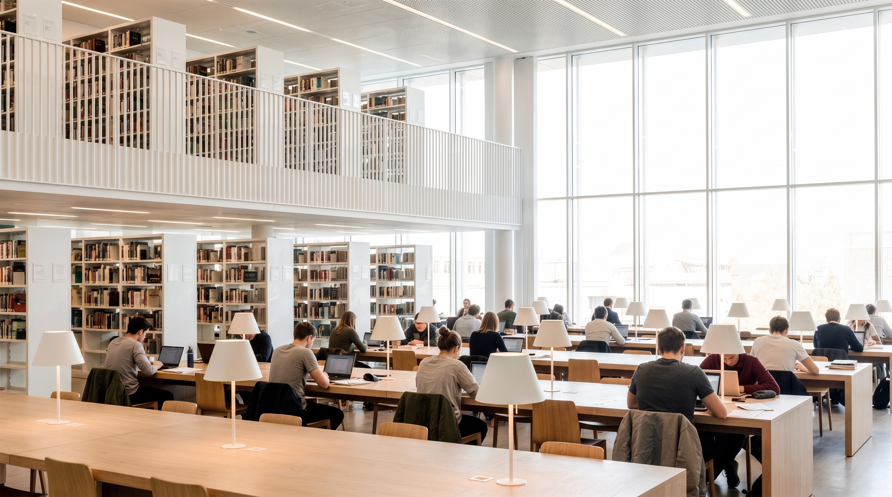 A students work at laptops in a daylit academic library.