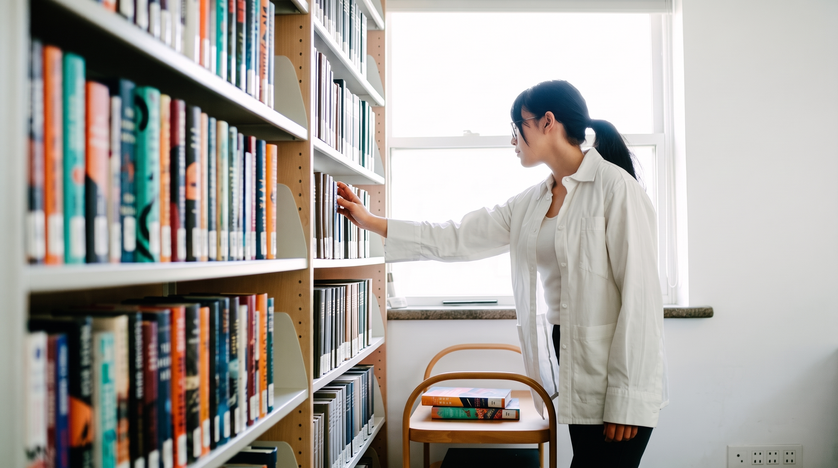 Shelves of fiction in a public library, novel jackets in mixed formats and colourways