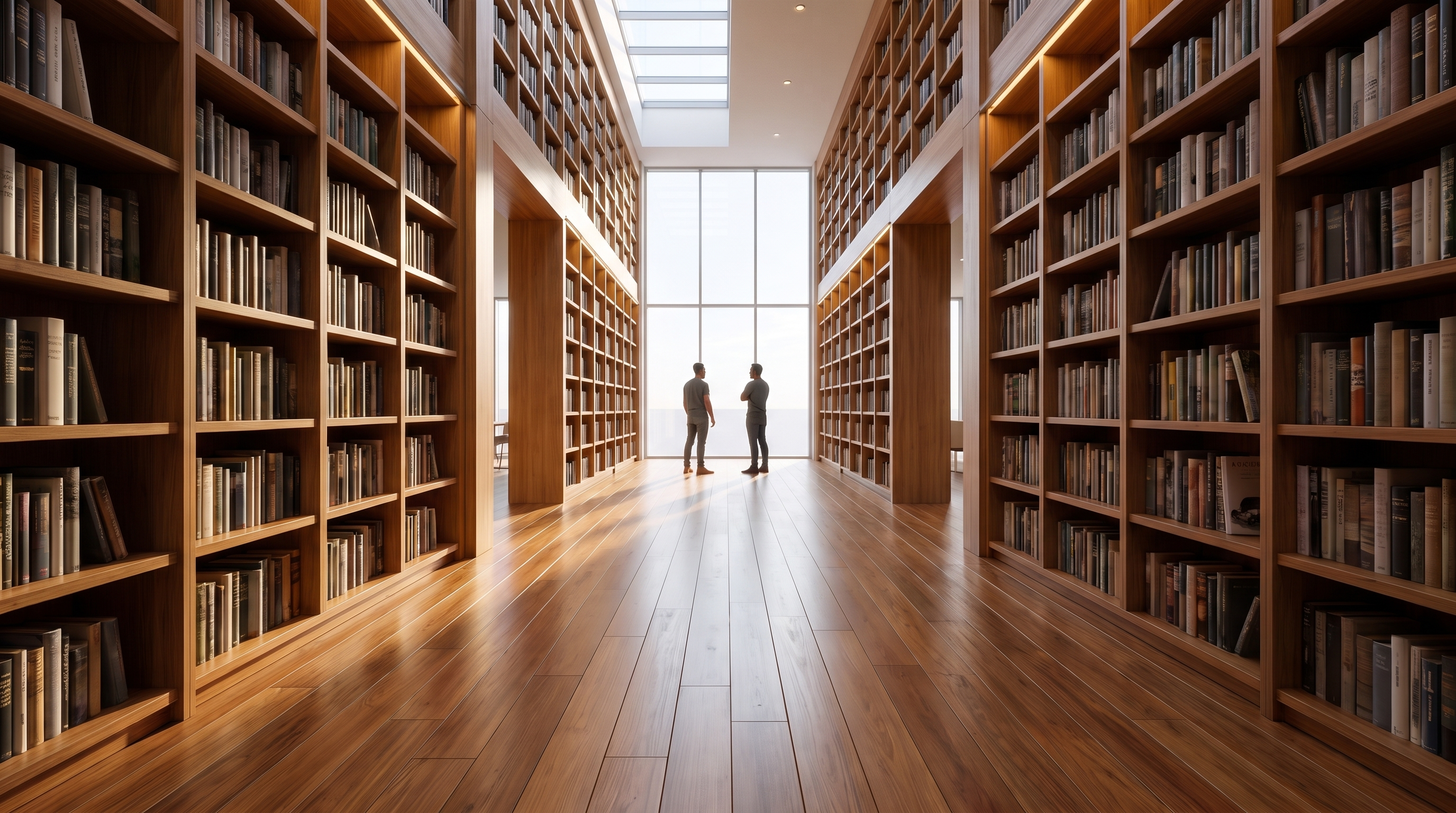 Two people stand browsing at the far shelves of a long, quiet library, seen from the back of the room.