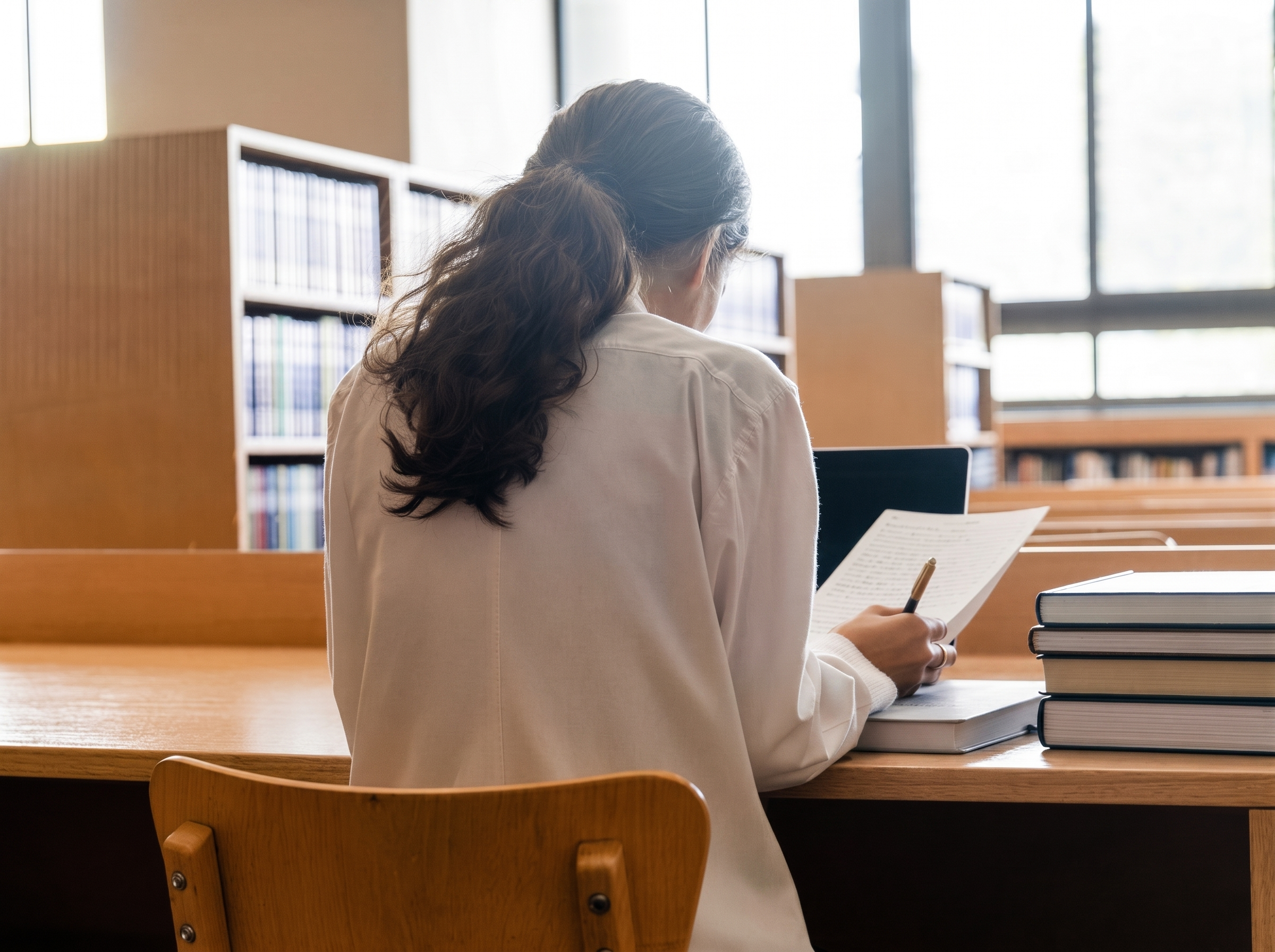 A researcher scans a densely filled academic shelf, weighing which titles to keep.