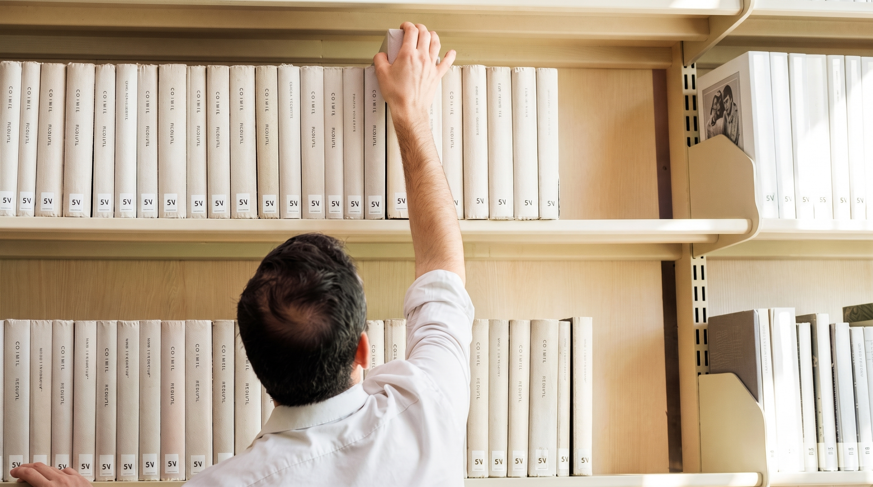 Older, uniformly bound academic volumes sit undisturbed on a shelf, showing their age.
