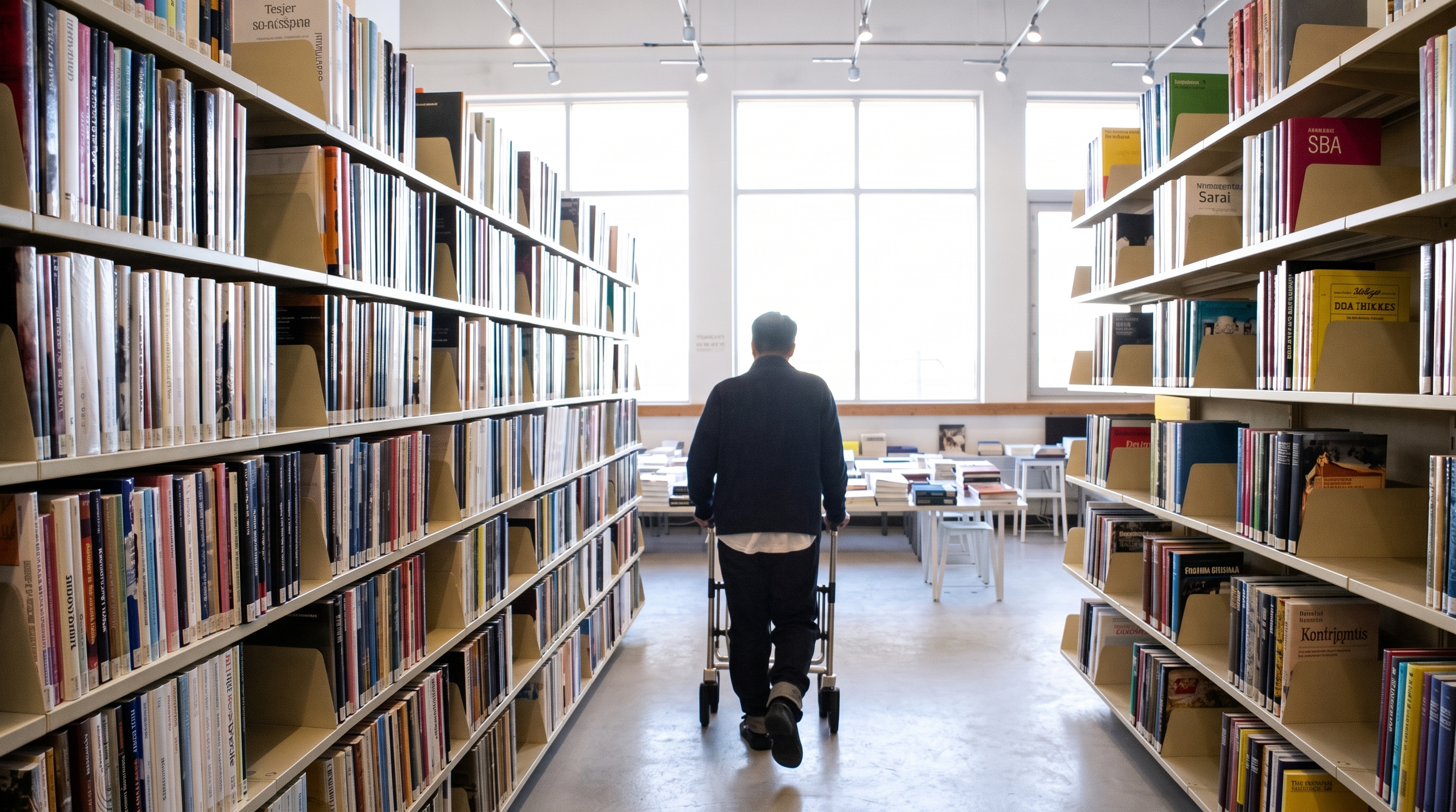 A library floor seen from the end of an aisle, daylight falling across the stacks.