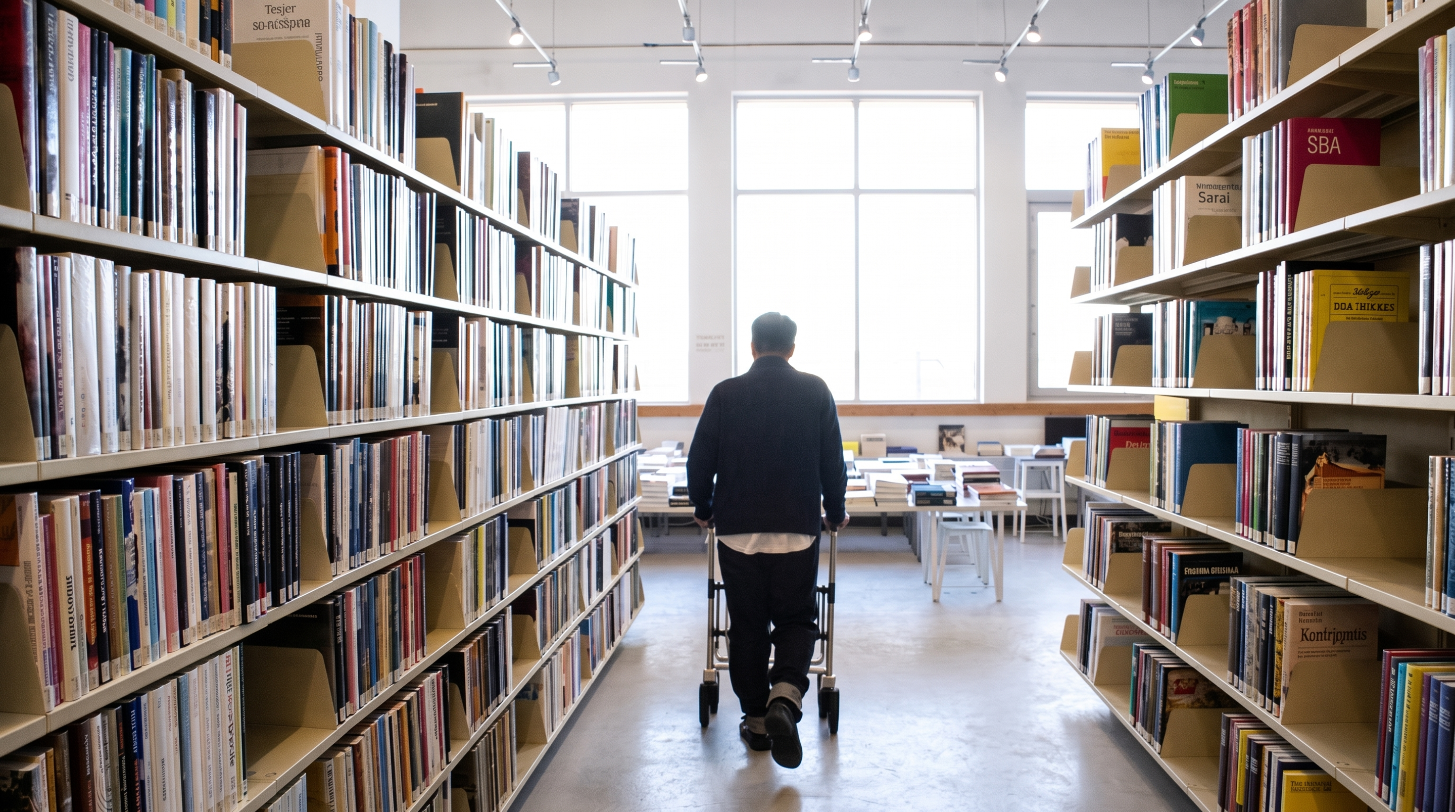 A library floor seen from the end of an aisle, daylight falling across the stacks.