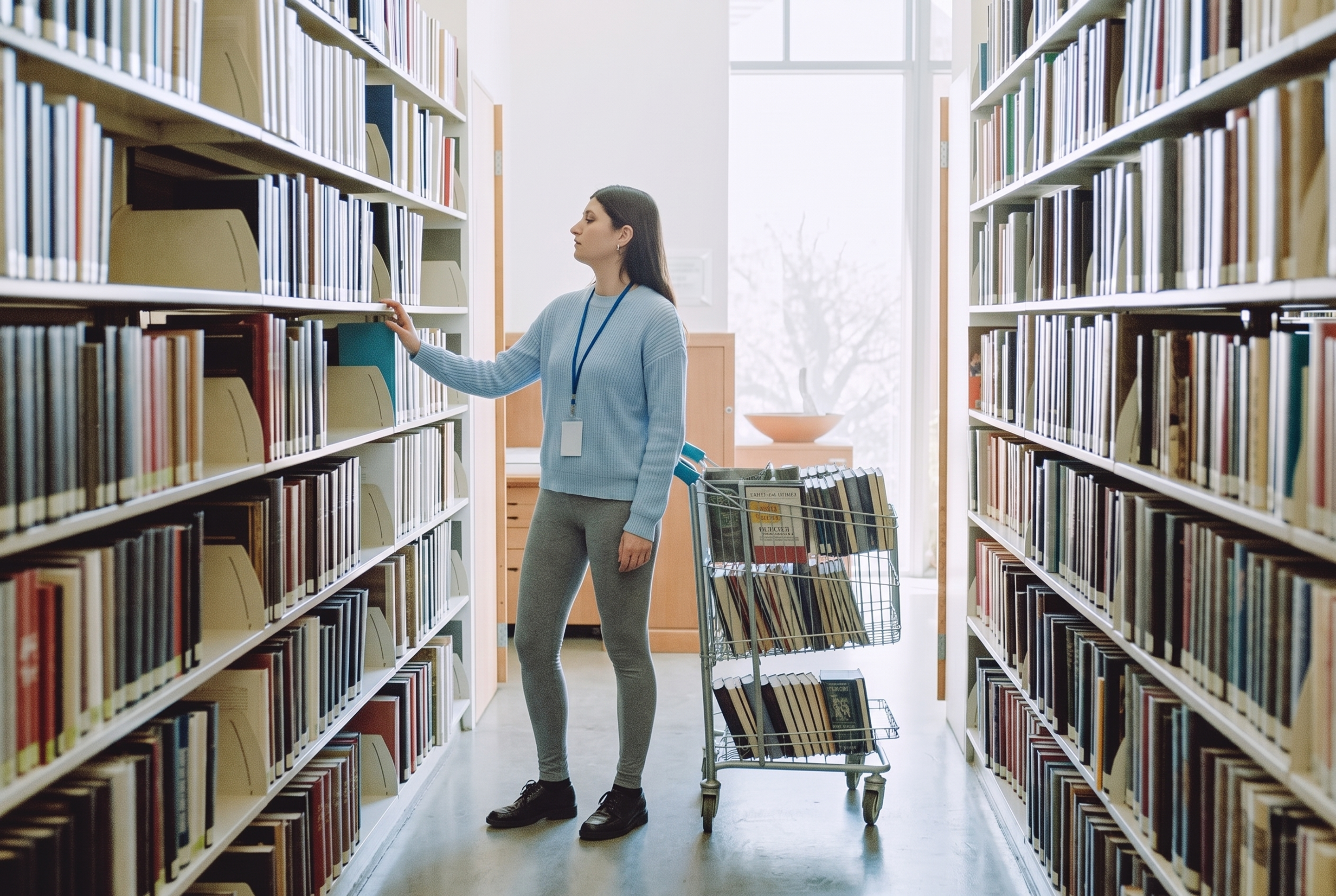 A staff member with a lanyard standing at the stacks, reviewing the shelf in front of her.
