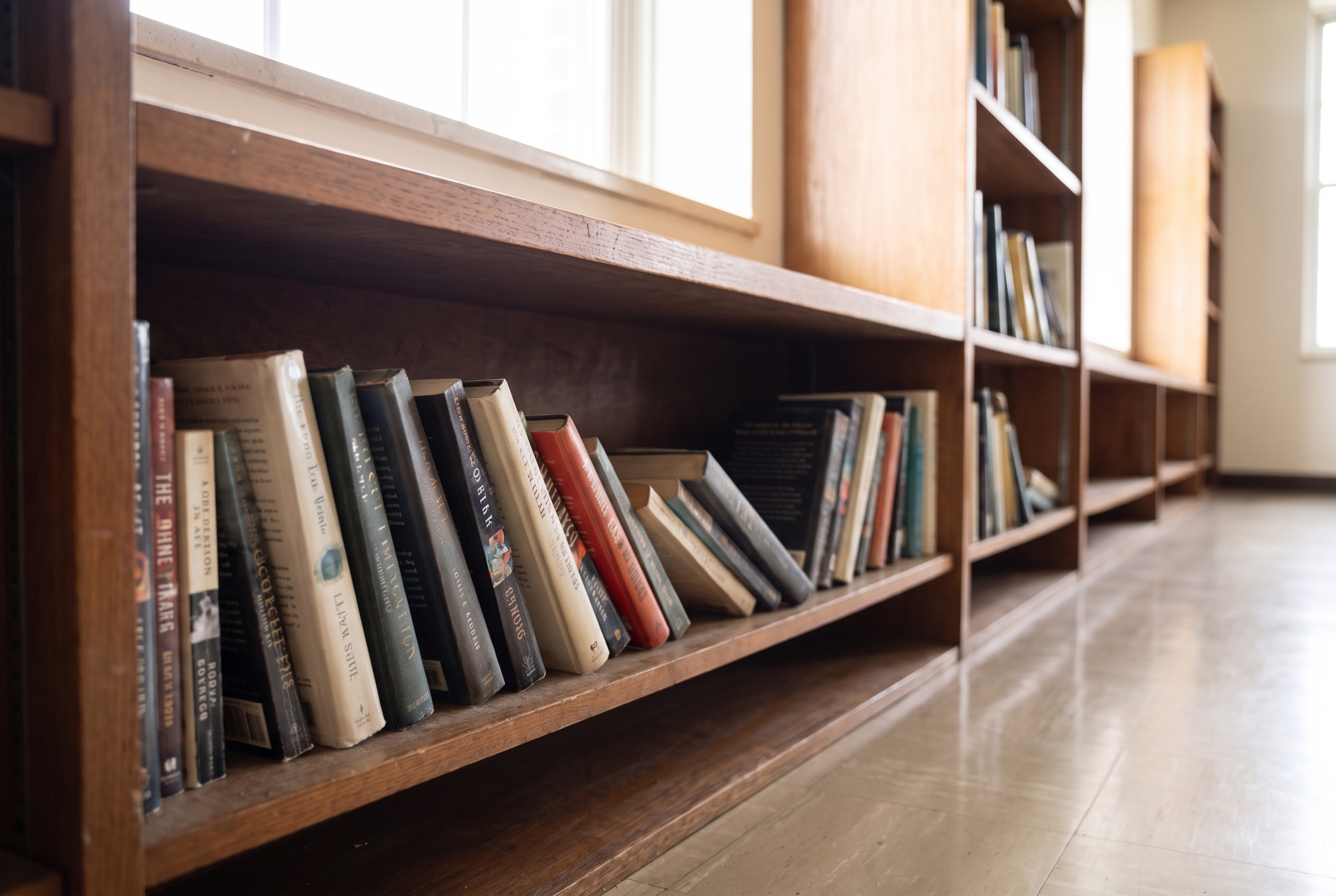 Half-empty library shelving, the remaining modern titles left untouched and gathering dust.
