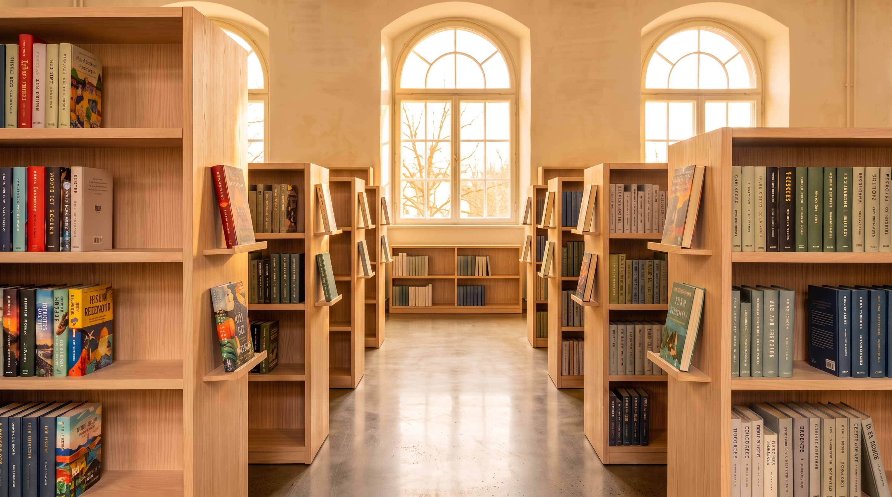 Rows of pale timber shelving filled with fiction, arched windows and a polished concrete floor beyond.