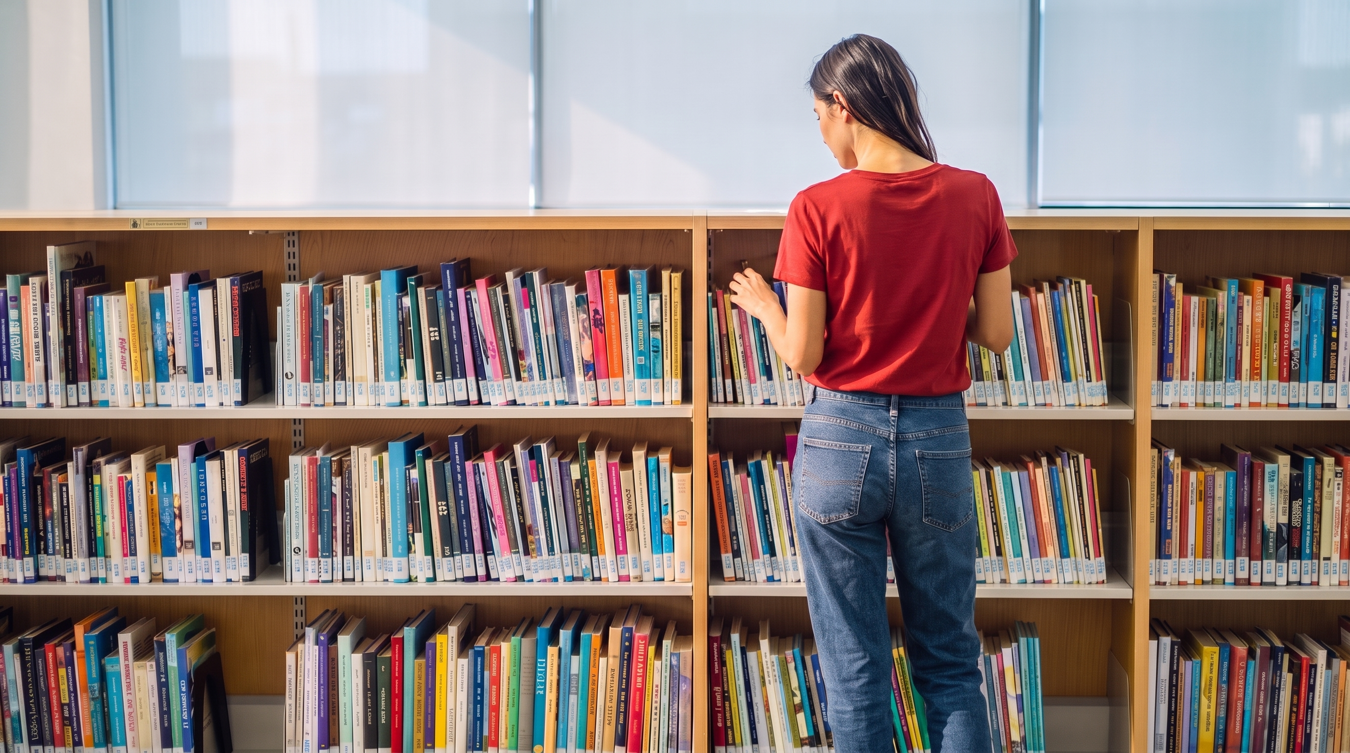 A woman in a red t-shirt scans the spines on a tall public library bookcase, considering the range on offer.