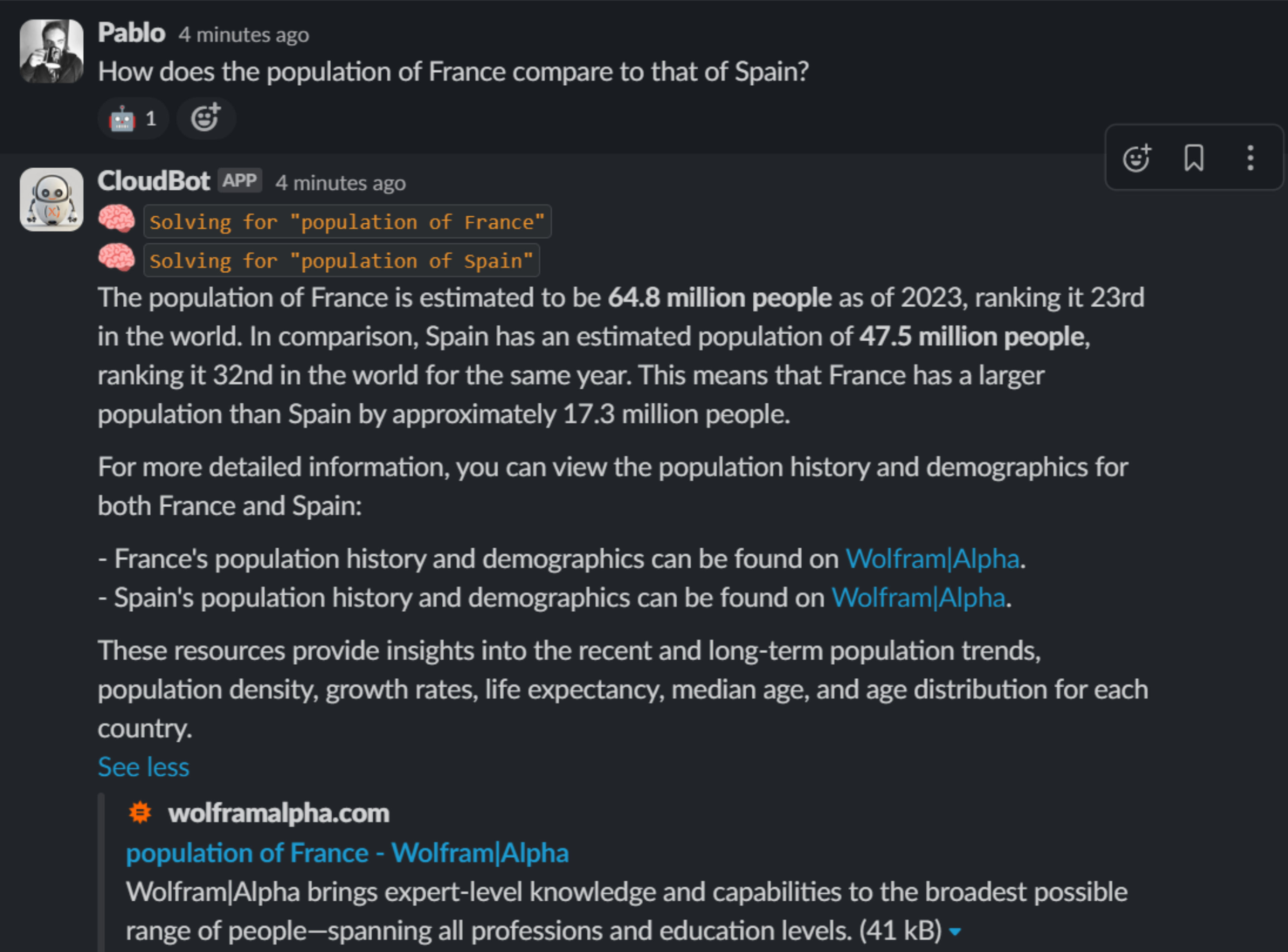 CloudBot using Wolfram Alpha to access demographic information
