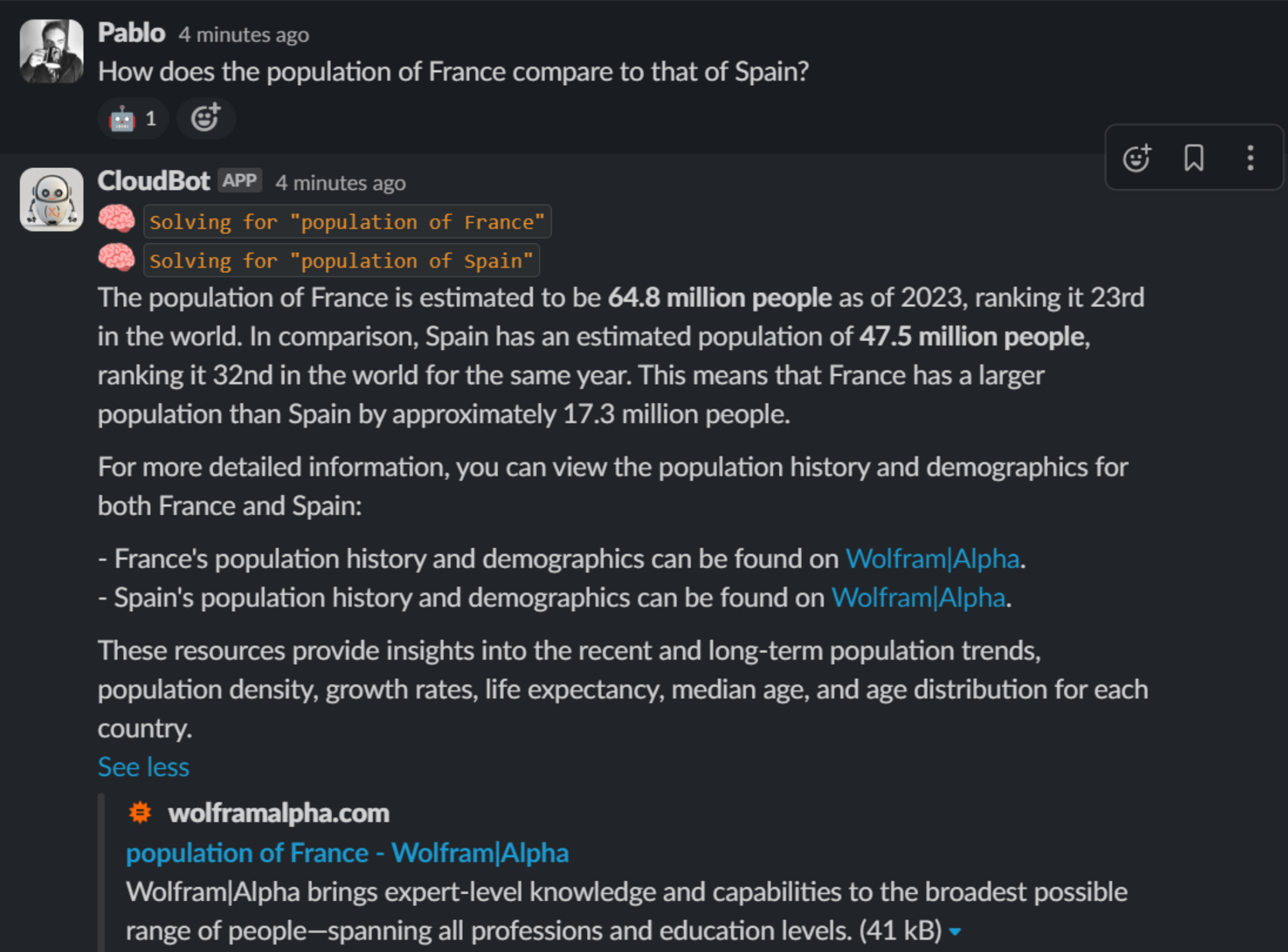 CloudBot using Wolfram Alpha to access demographic information