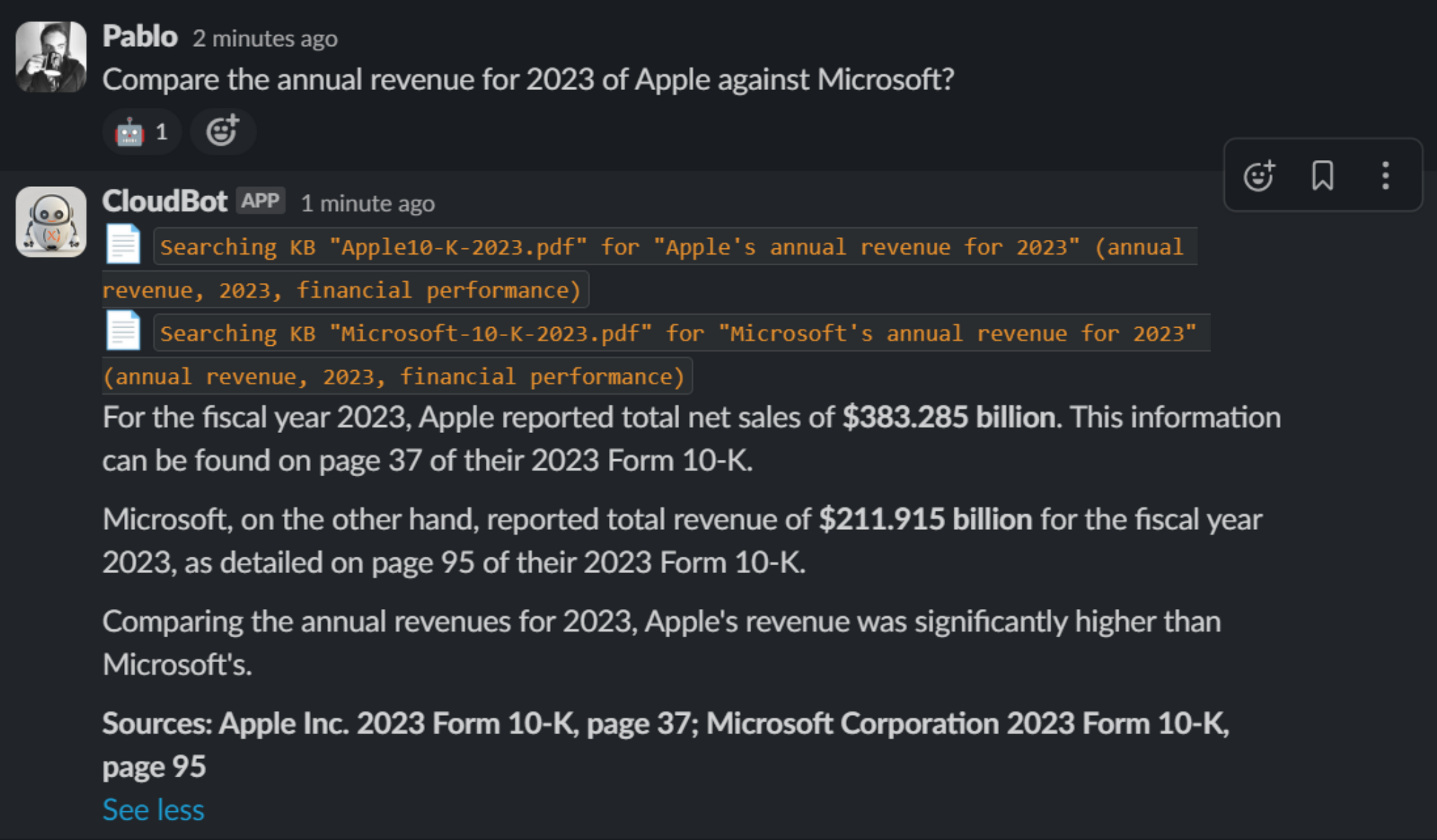 CloudBot answering questions over all the documents in the Knowledge-Base