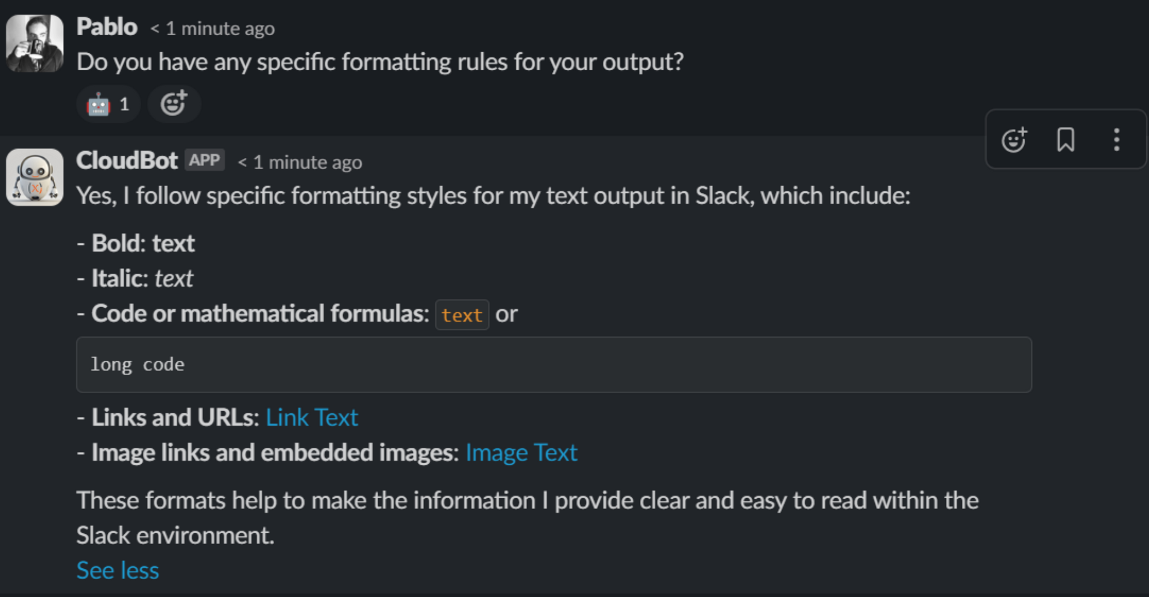 CloudBot’s formatting guidance through ICL