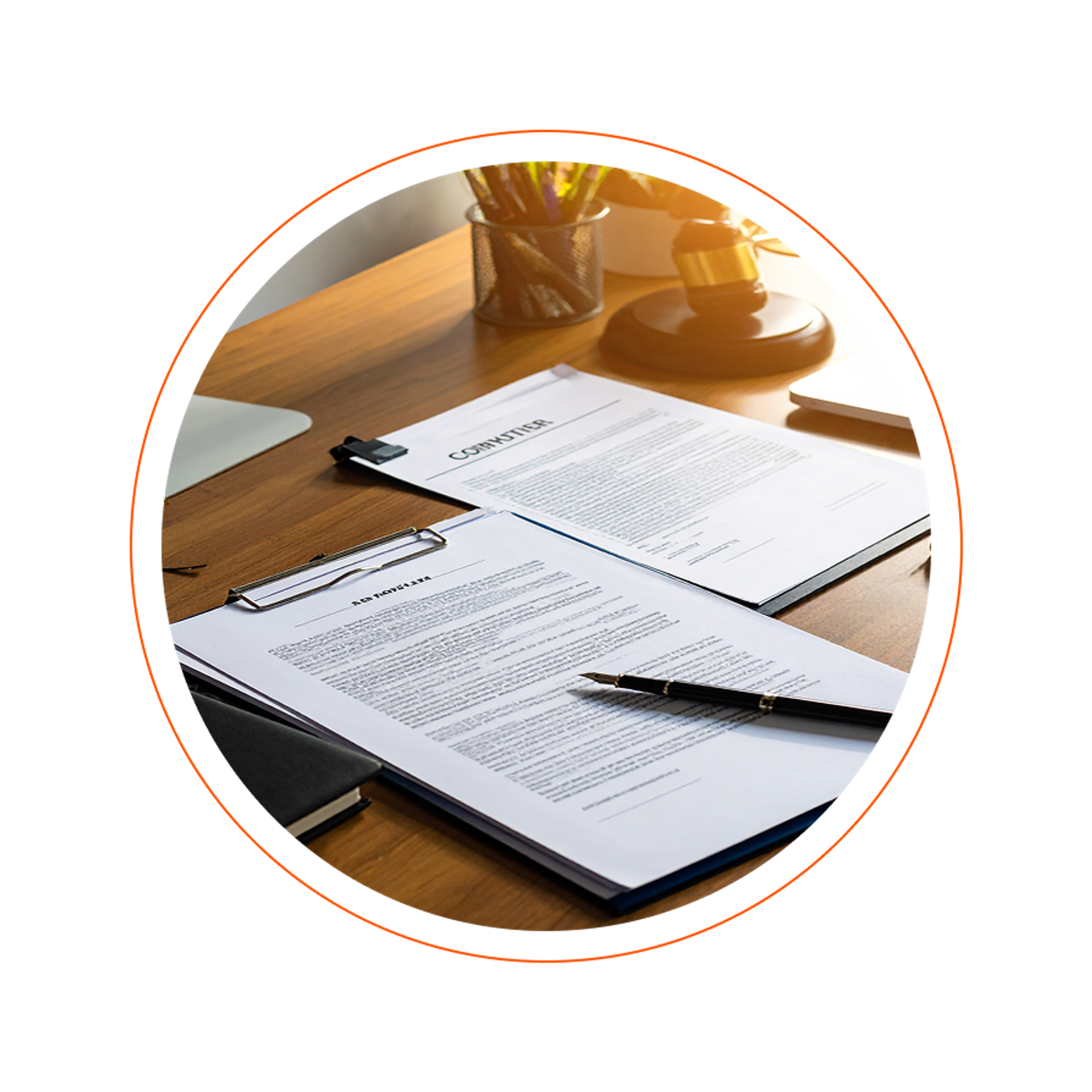 A desk with legal documents, a pen, and a gavel, representing a legal or law office setting