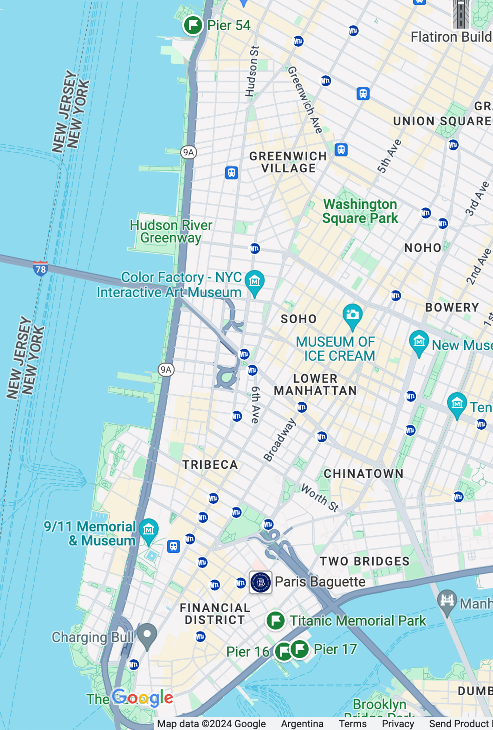 Map of New York City showing the Titanic Memorial Park closer to Piers 16 and  17 (to the South) than to Pier 54 (North)