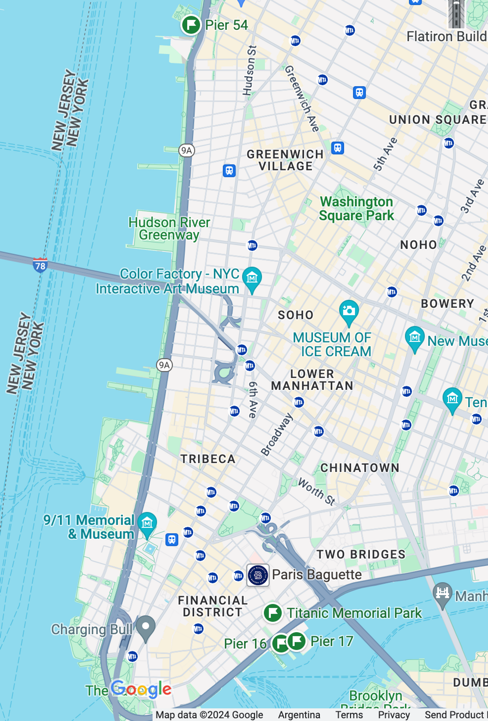 Map of New York City showing the Titanic Memorial Park closer to Piers 16 and 17 (to the South) than to Pier 54 (North)
