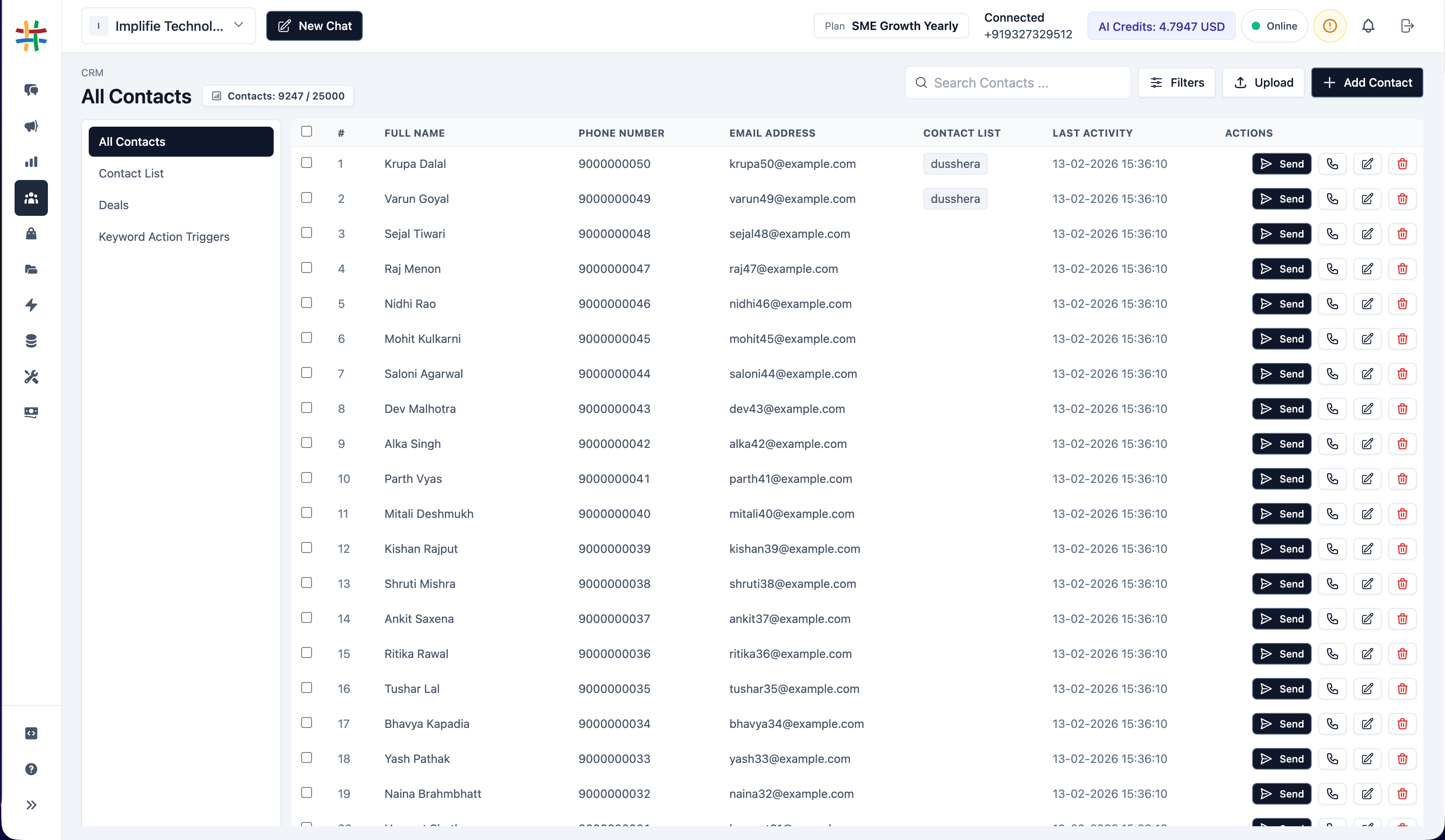 Implifie WhatsApp CRM contact workspace showing customer context, lifecycle status, owner, notes, and conversation activity