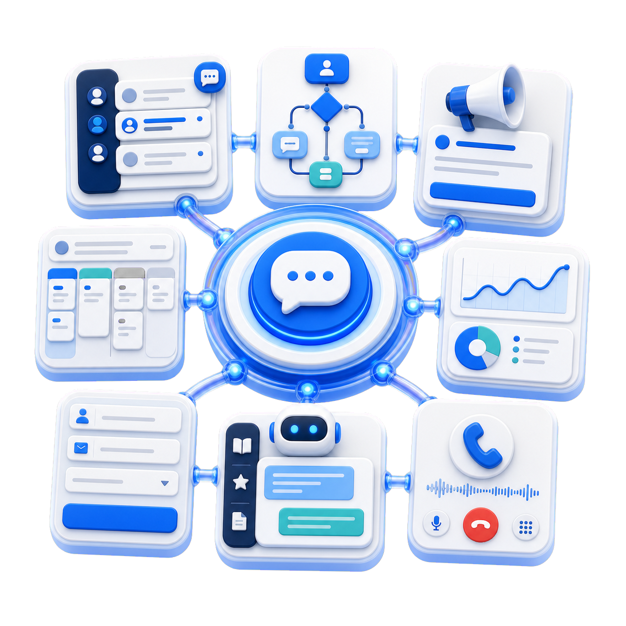 Implifie feature mosaic showing inbox, automation, broadcasts, CRM, analytics, forms, AI assistance, and calling