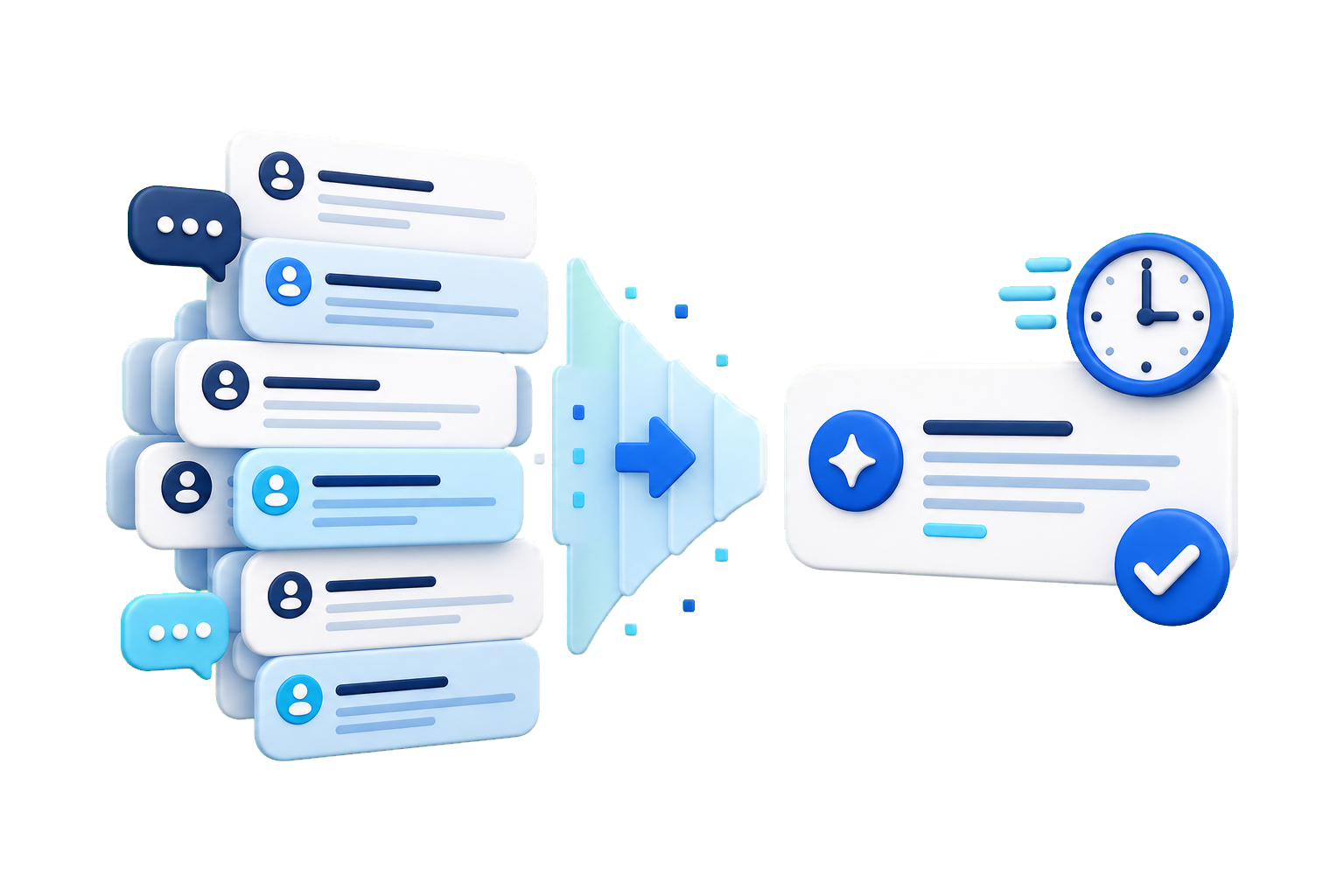 AI illustration of long customer conversations summarized into a useful support note