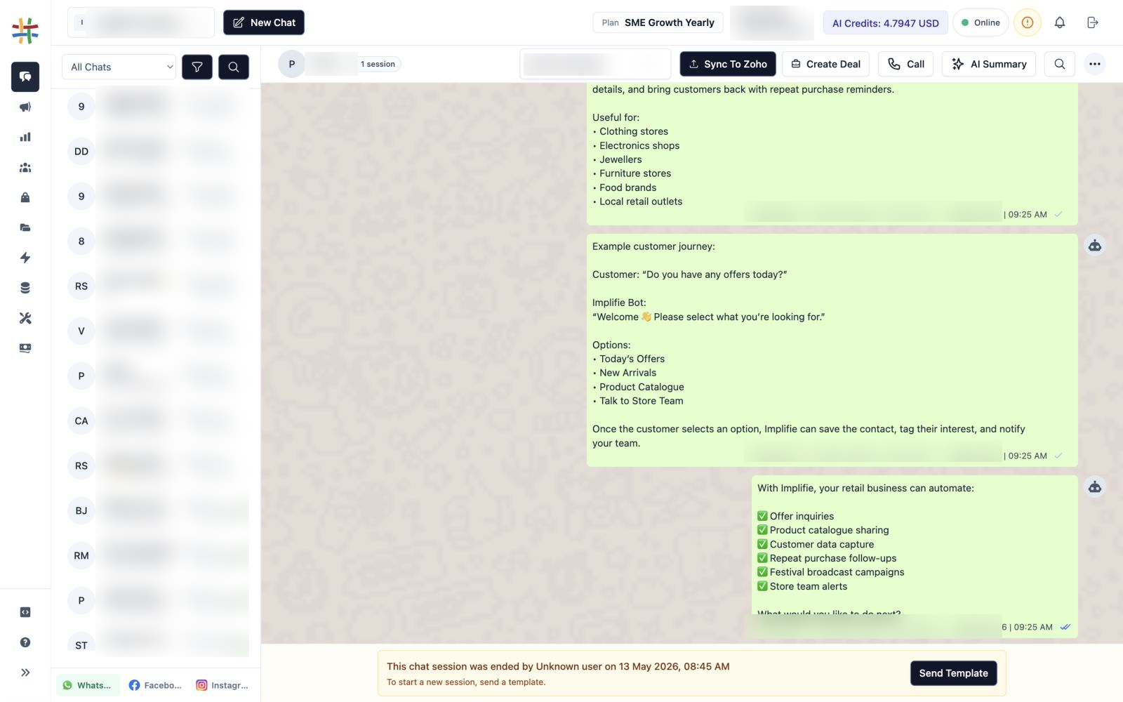 Implifie shared WhatsApp inbox showing customer conversations, assignment, CRM actions, and AI summary assistance