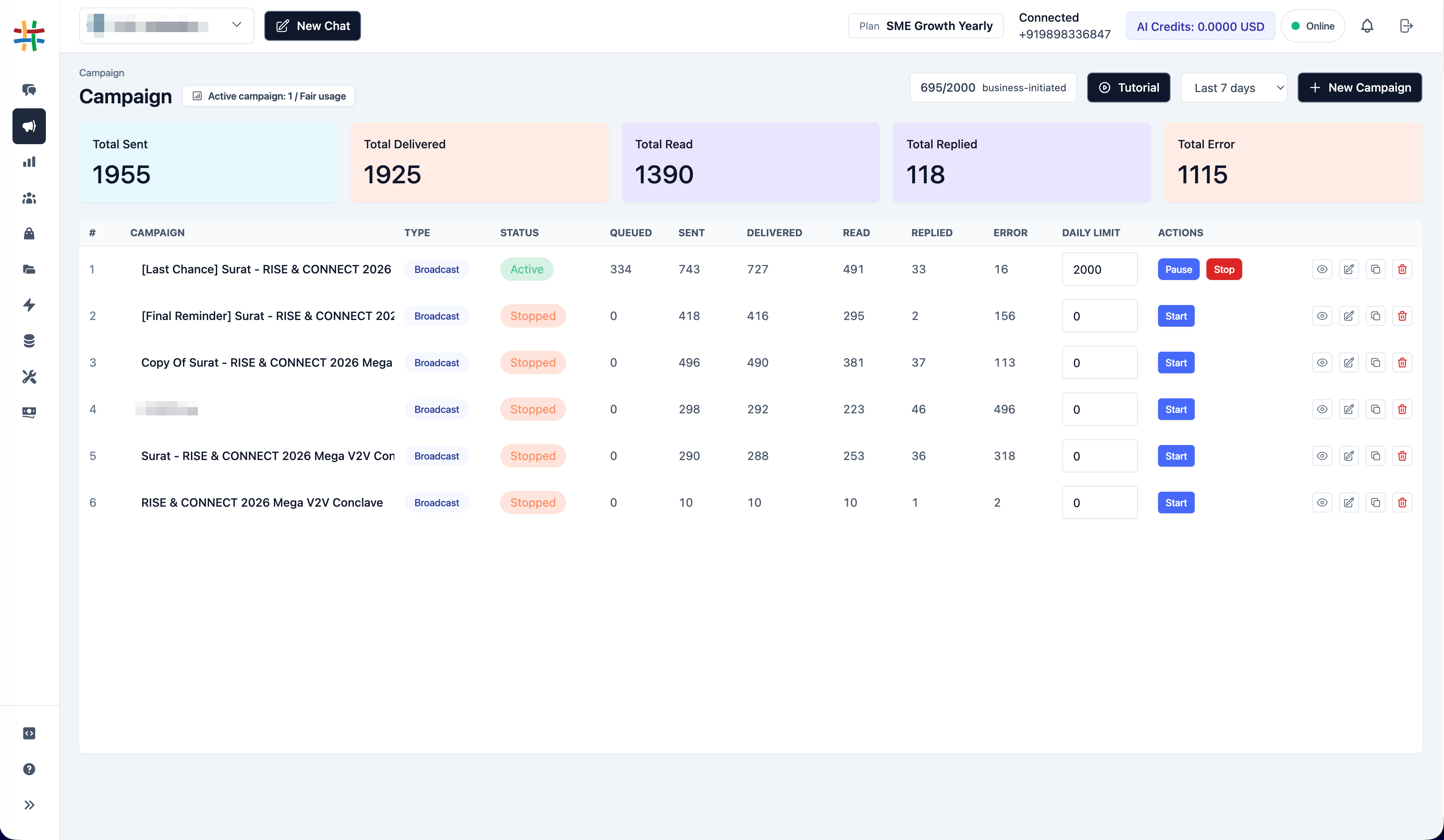 Implifie broadcast campaign workflow showing audience selection, campaign controls, template use, and delivery status