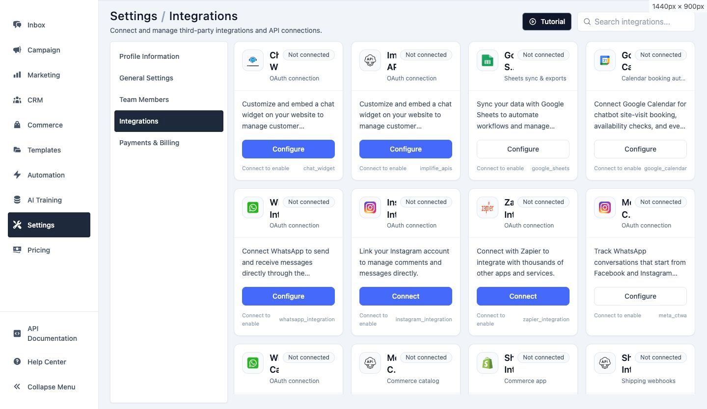 Apps and Integrations settings in Implifie
