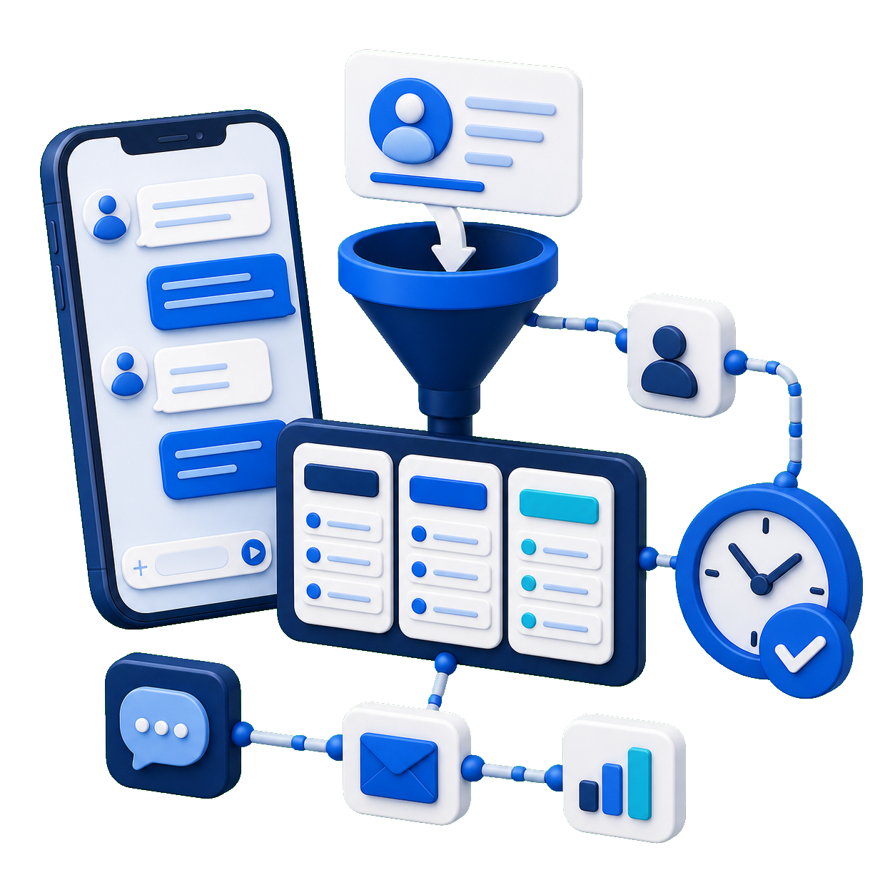 Implifie WhatsApp Business API lead management workflow with incoming chats, lead funnel, CRM handoff, and follow-up actions