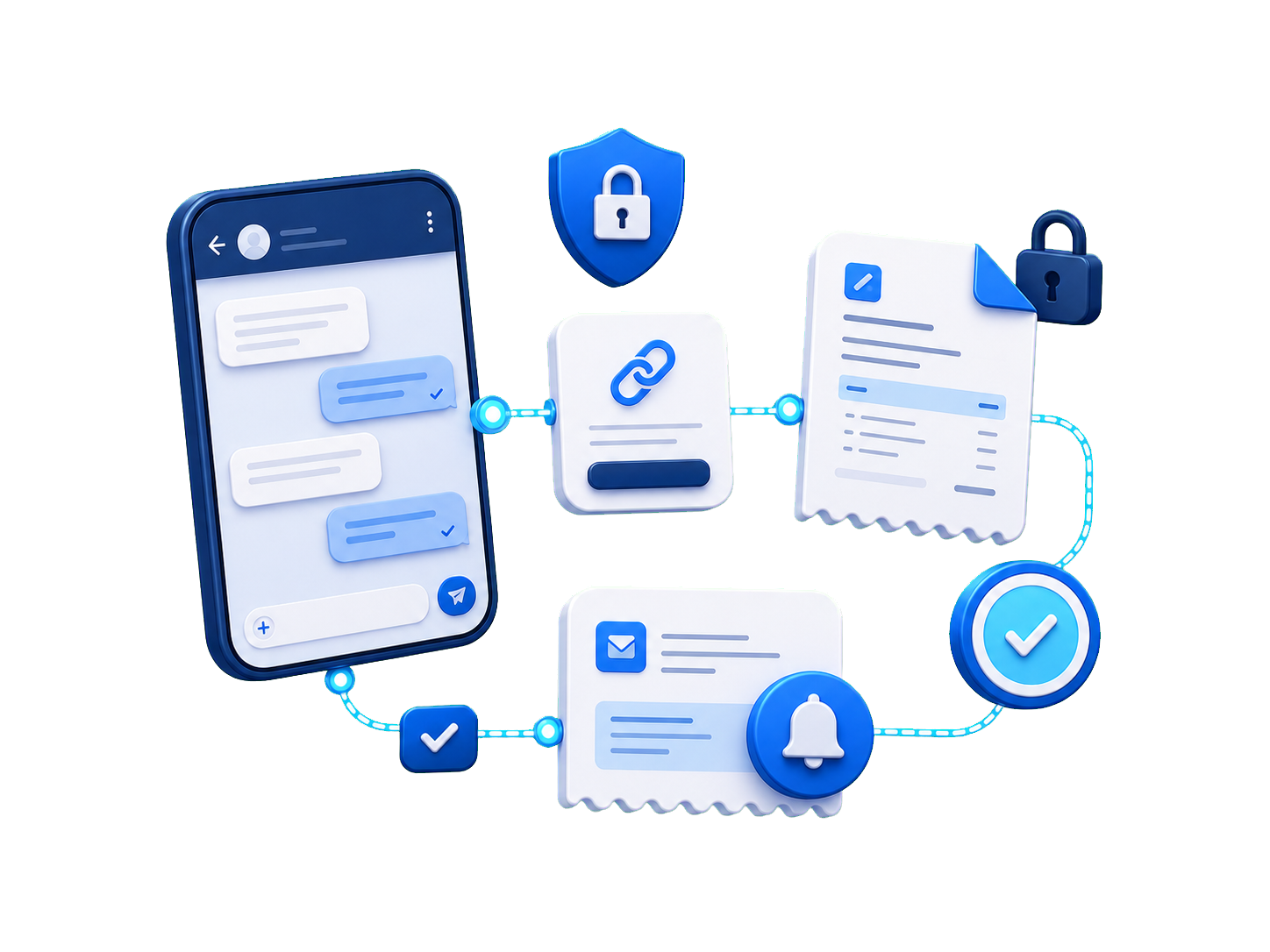 AI illustration of a secure WhatsApp payment workflow with payment link, invoice, confirmation, and follow-up reminder