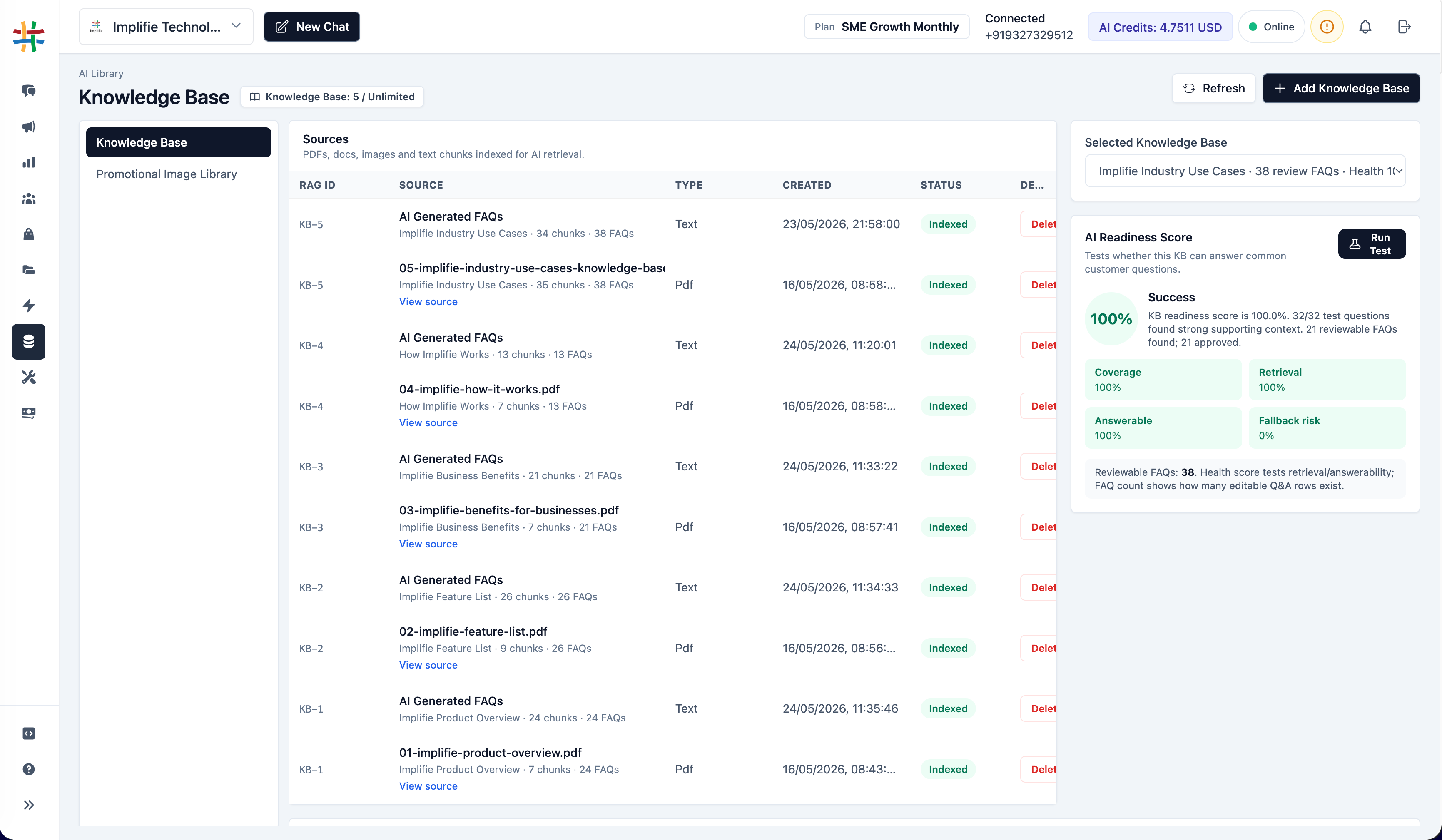 Implifie AI Knowledge Base showing source documents, reviewed FAQs, and knowledge management controls