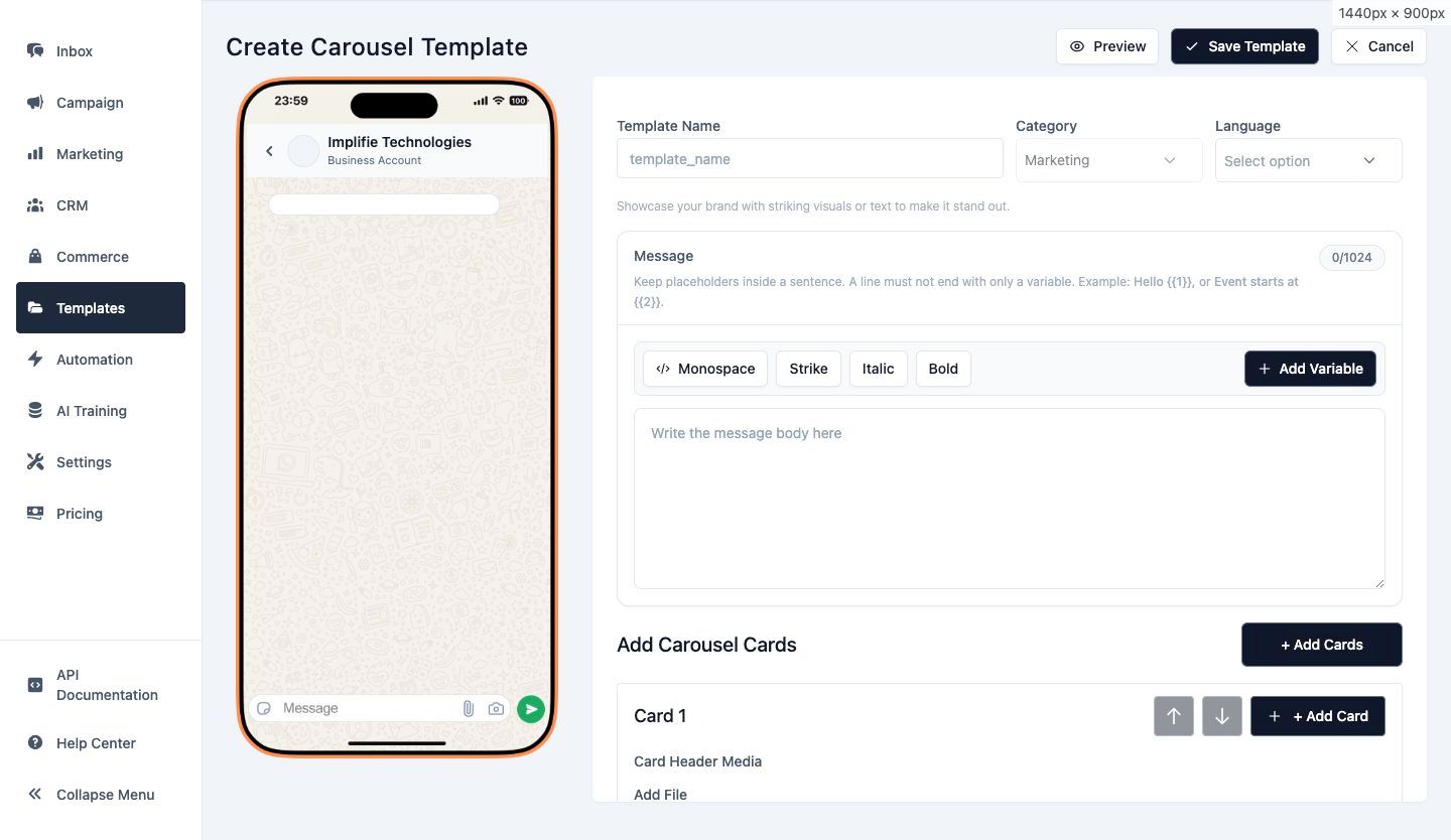 WhatsApp carousel card editor in Implifie