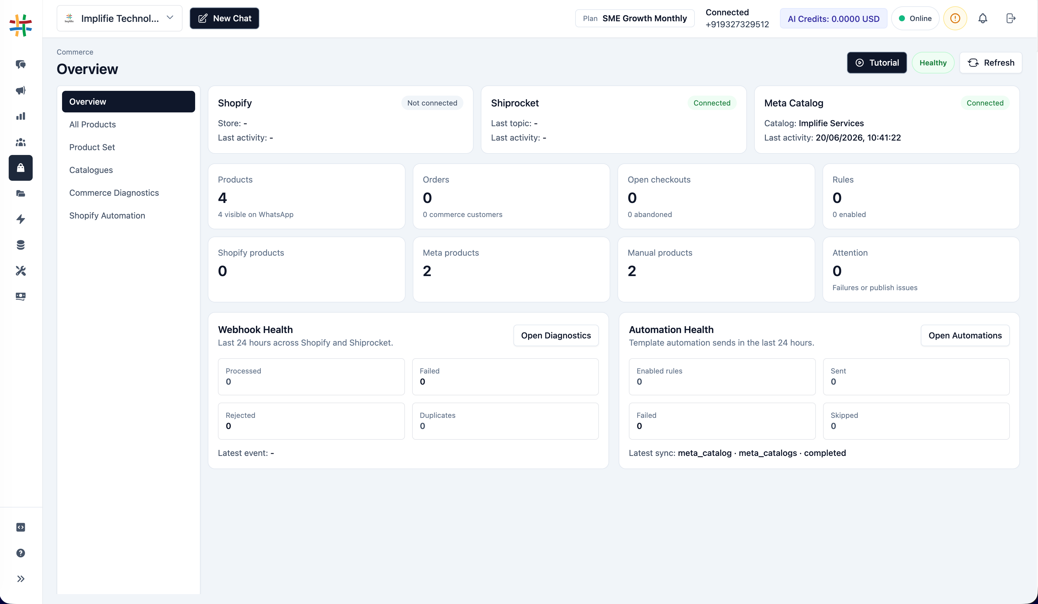 Implifie commerce workspace showing product, catalogue, order, and automation context for WhatsApp commerce