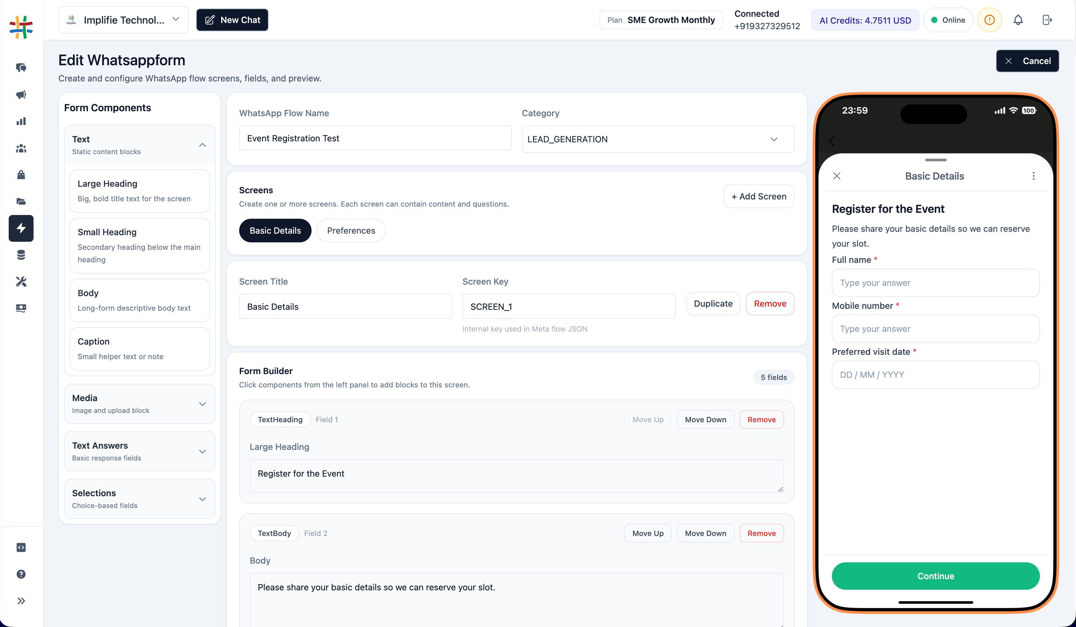 WhatsApp form on mobile phone collecting lead details