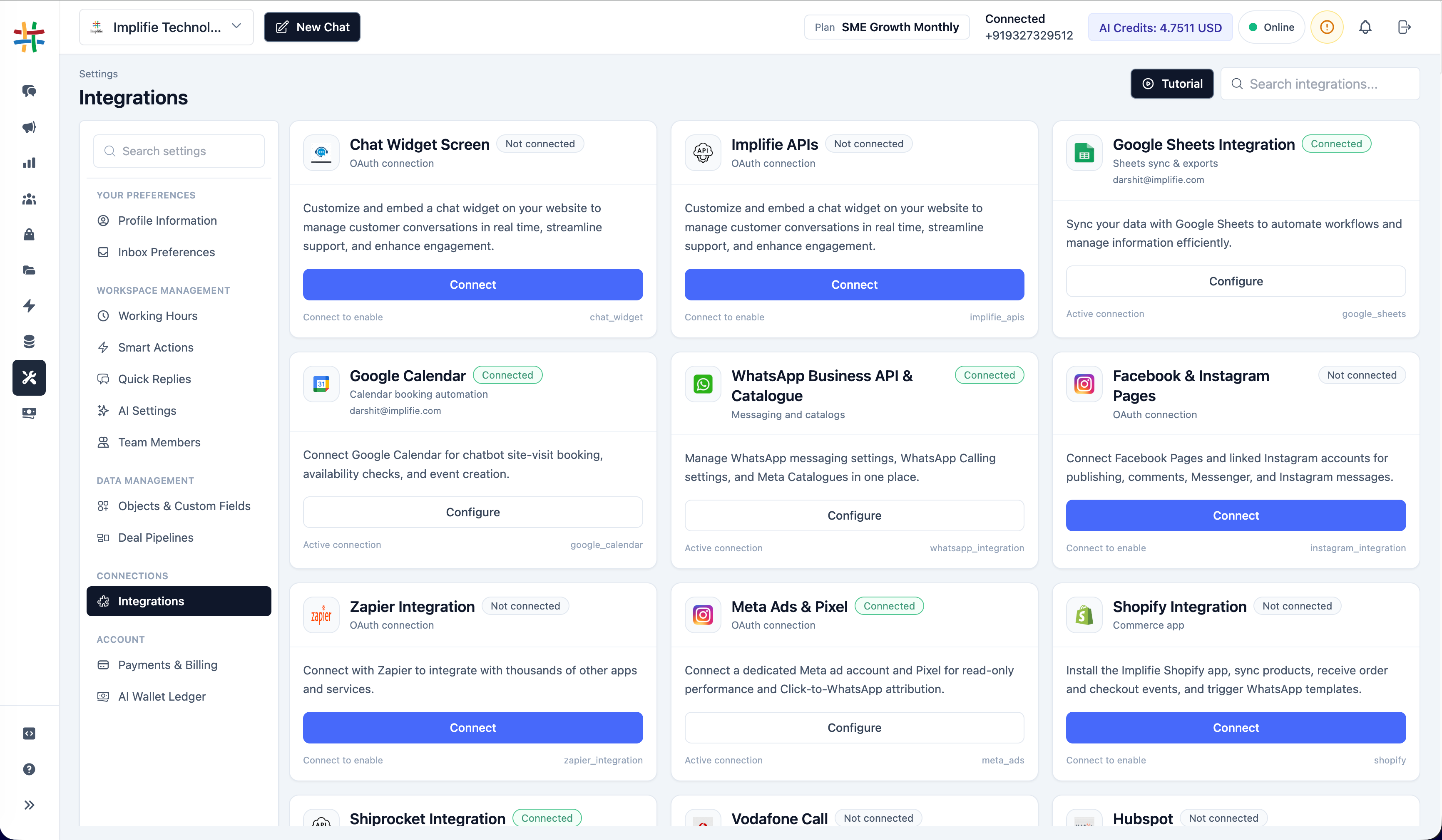 Implifie apps and integrations workspace showing supported integration cards and connection status controls