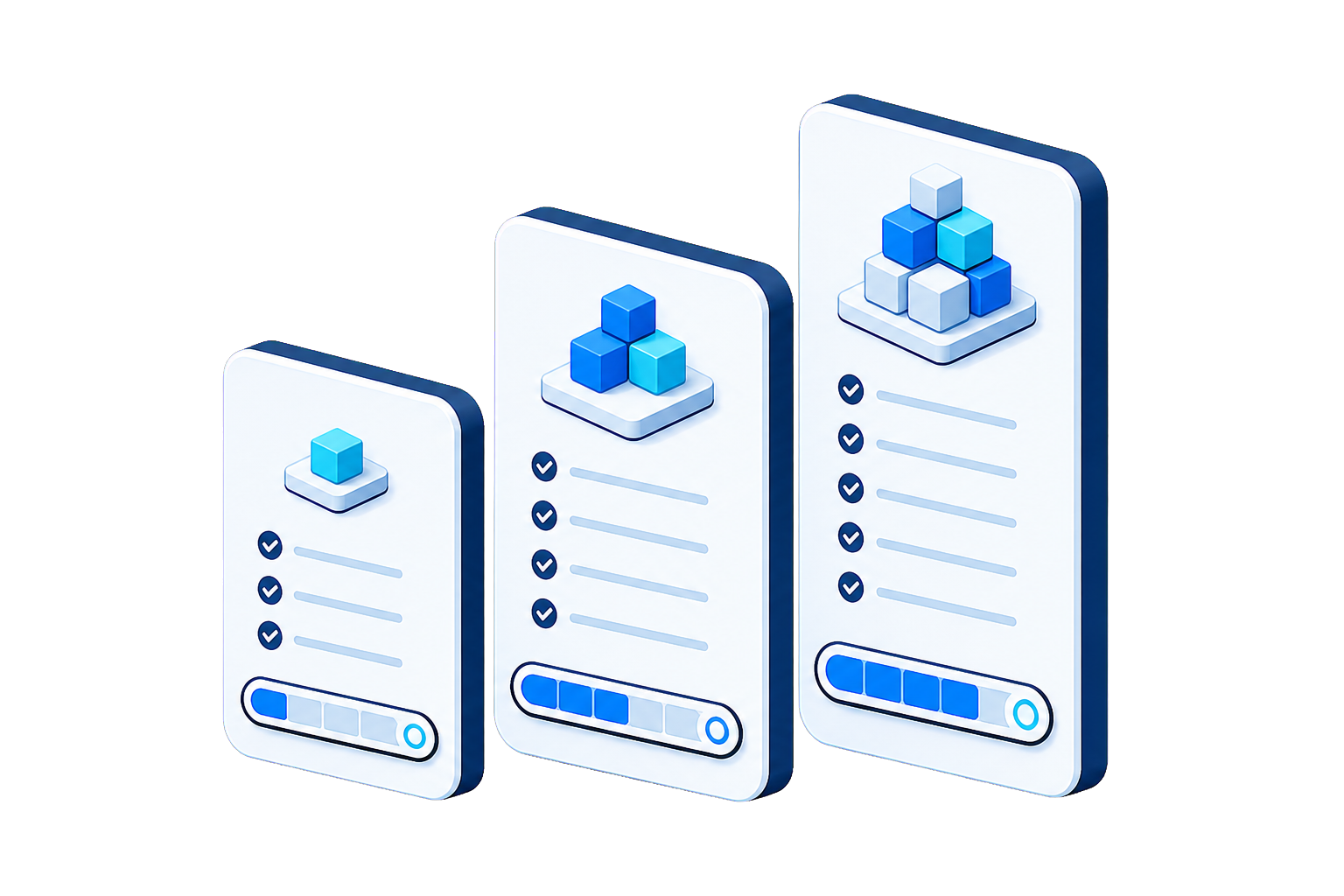 Three progressive SaaS plan cards with feature checks and increasing usage capacity