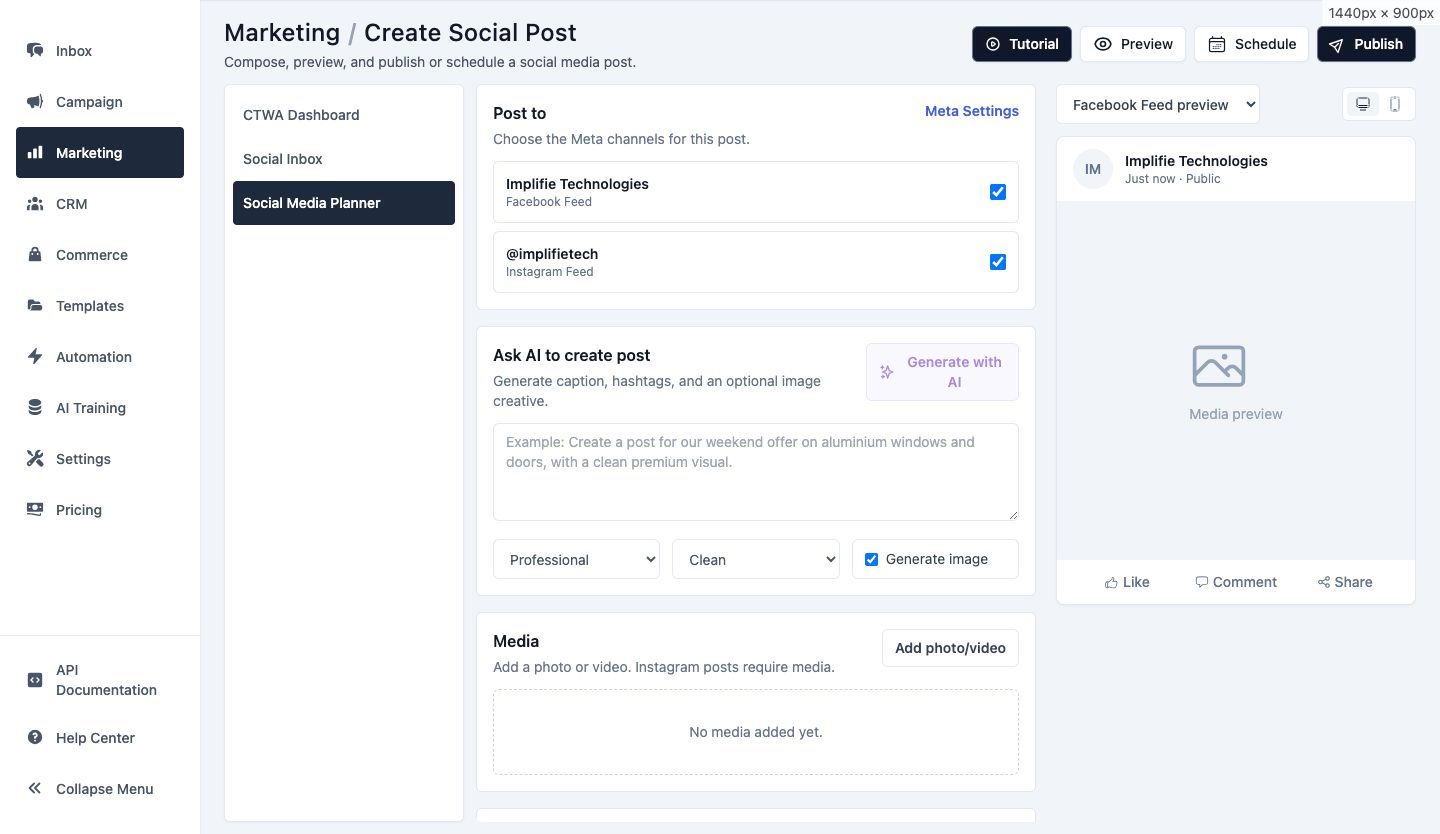 Social media post creation screen in Implifie