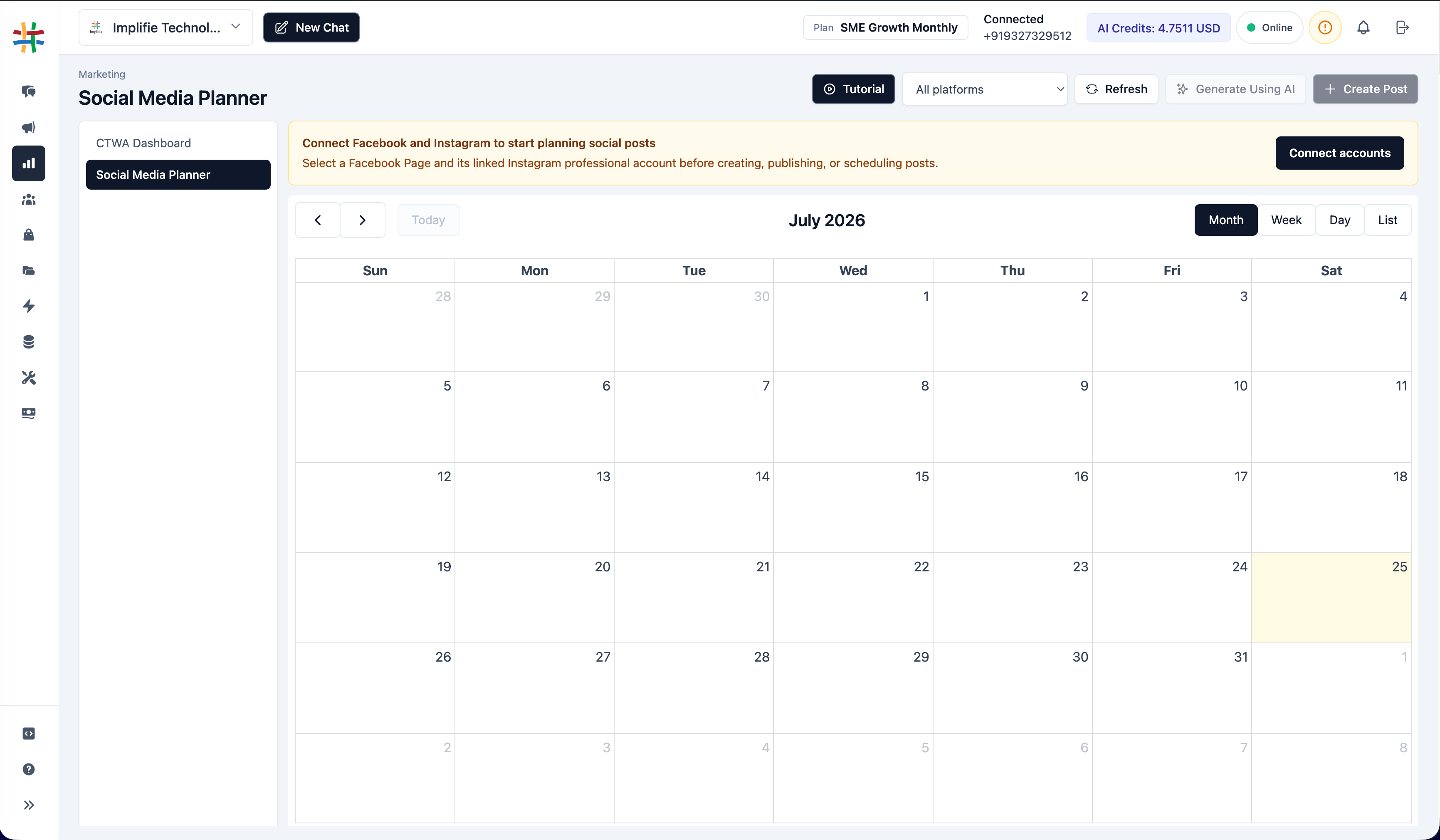 Implifie social media planner calendar showing scheduled Facebook and Instagram content workflow