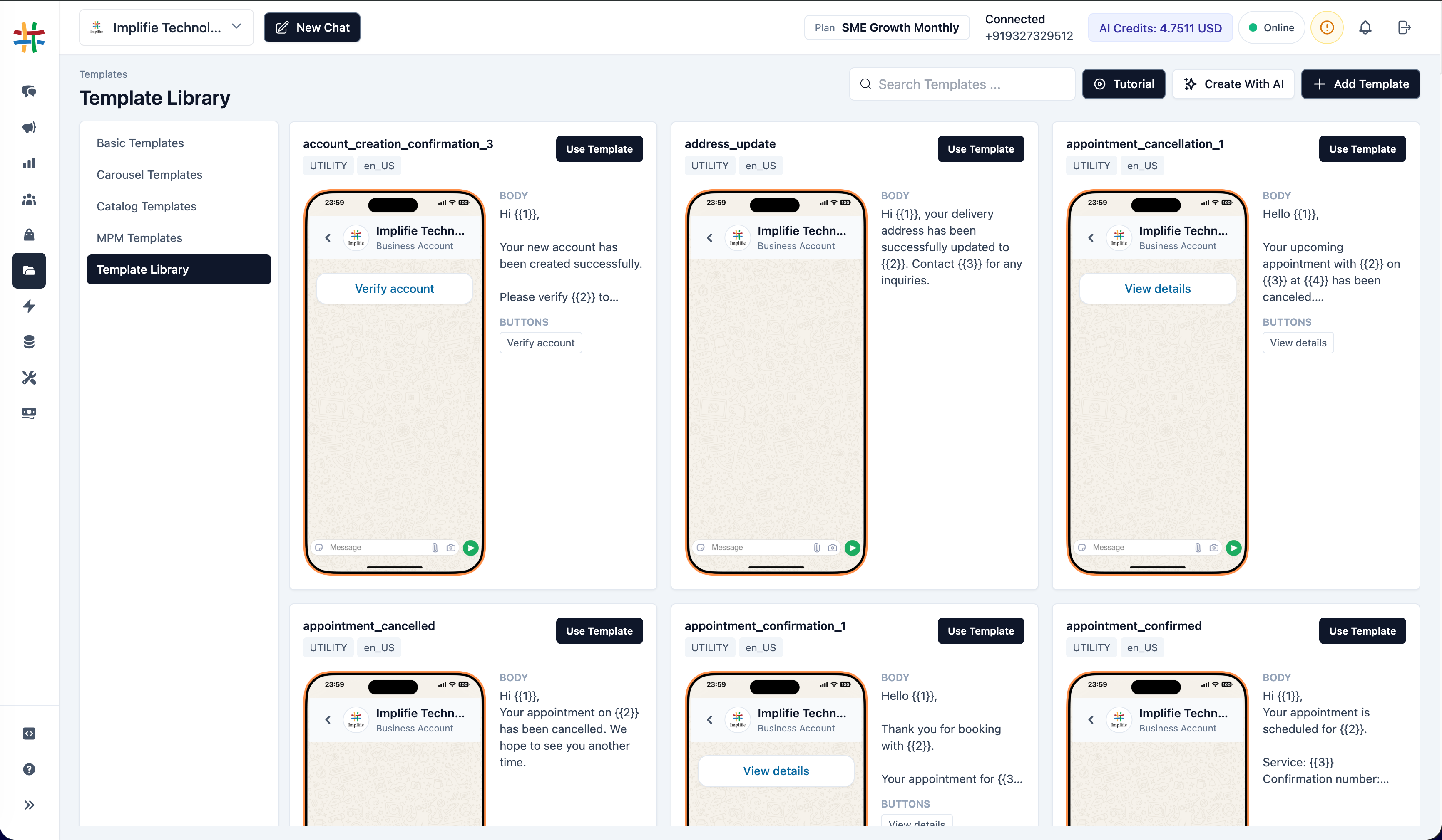 Implifie WhatsApp template library and editor showing message templates, variables, categories, and review workflow