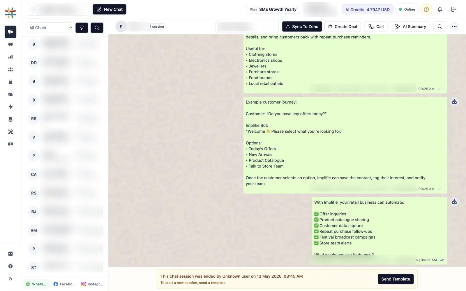 Implifie shared inbox showing a selected customer conversation, team assignment, CRM actions, calling controls, and AI summary assistance